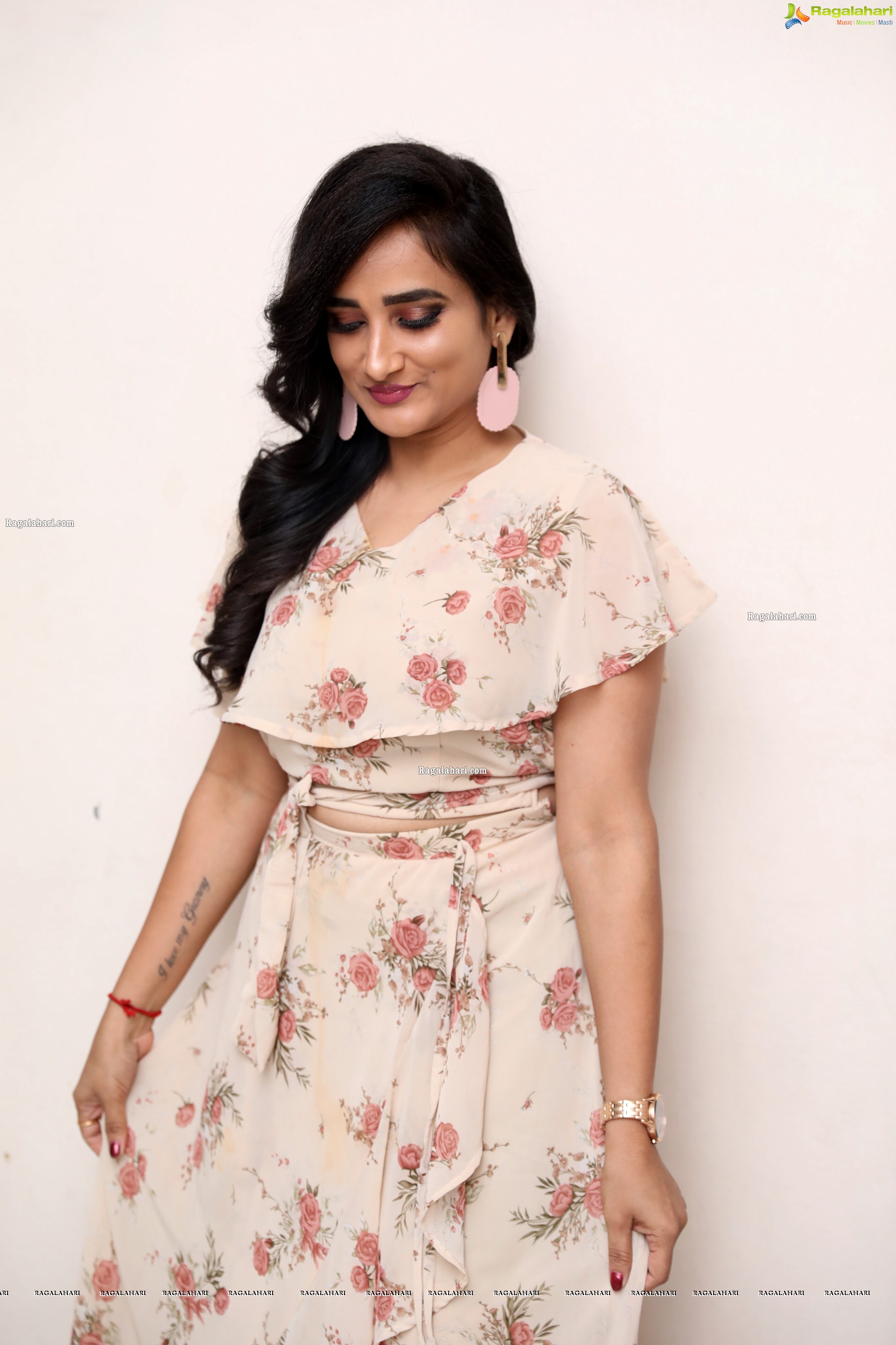 Madhu Krishnan in Beige Floral Frill Dress, HD Photo Gallery