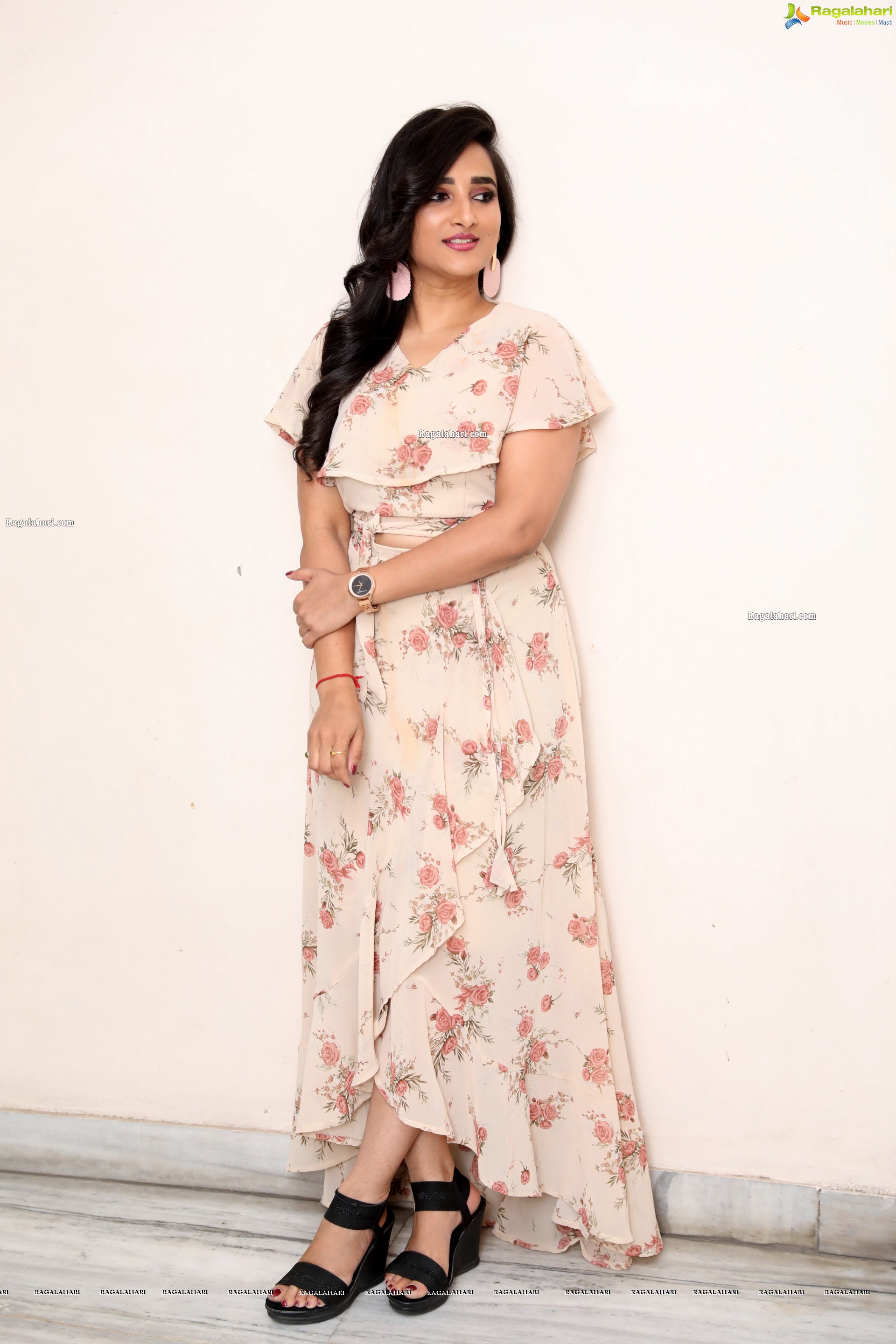Madhu Krishnan in Beige Floral Frill Dress, HD Photo Gallery