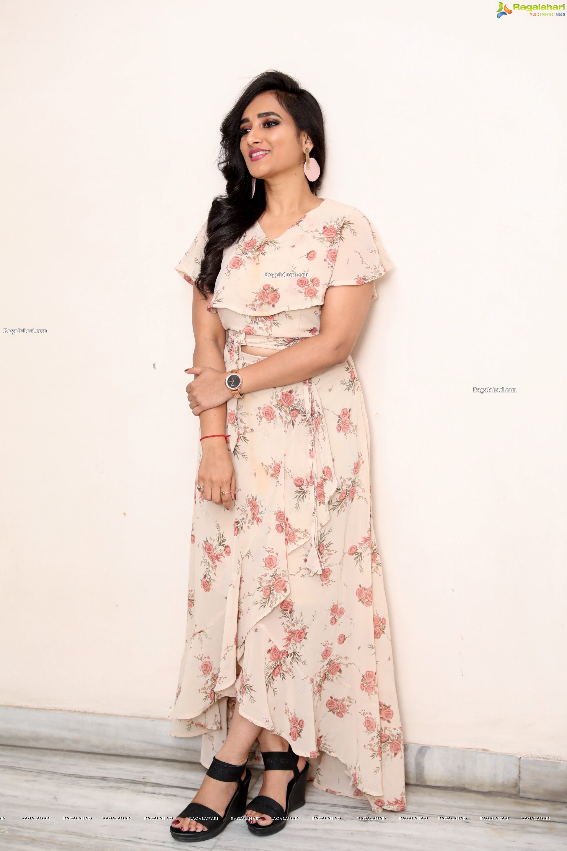 Madhu Krishnan in Beige Floral Frill Dress, HD Photo Gallery