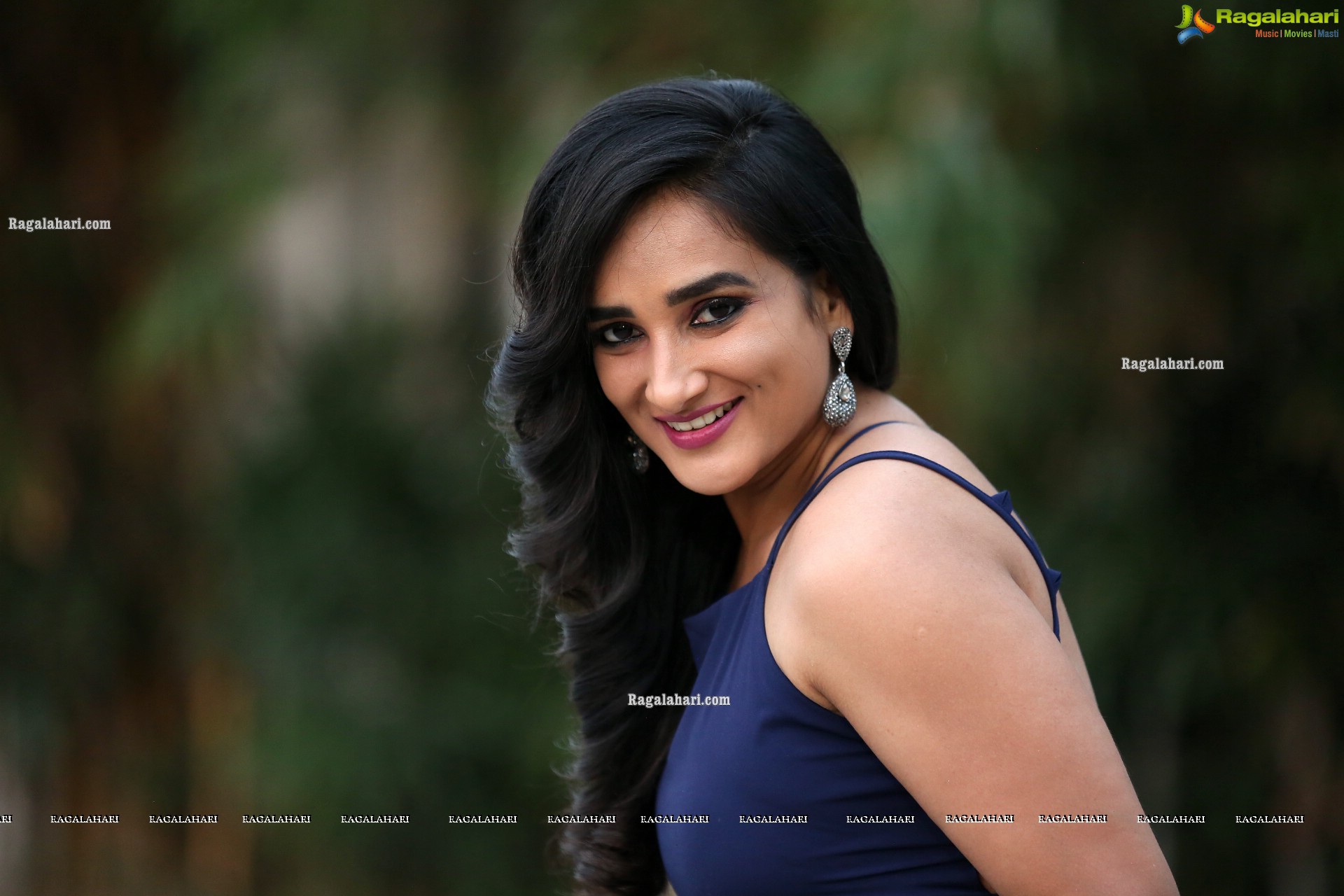 Madhu Krishnan in Navy Blue Spaghetti Strap Dress, HD Photo Gallery