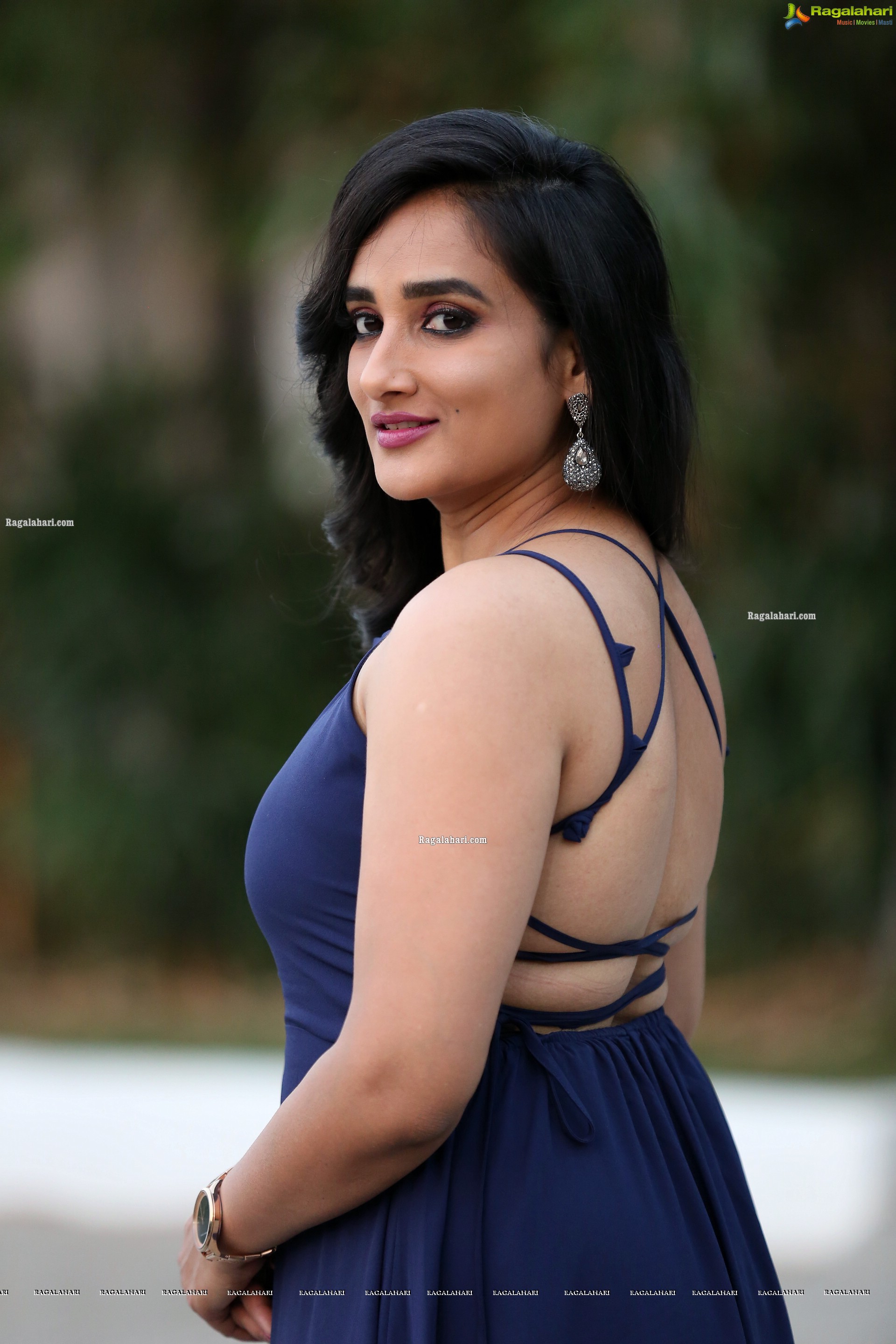 Madhu Krishnan in Navy Blue Spaghetti Strap Dress, HD Photo Gallery