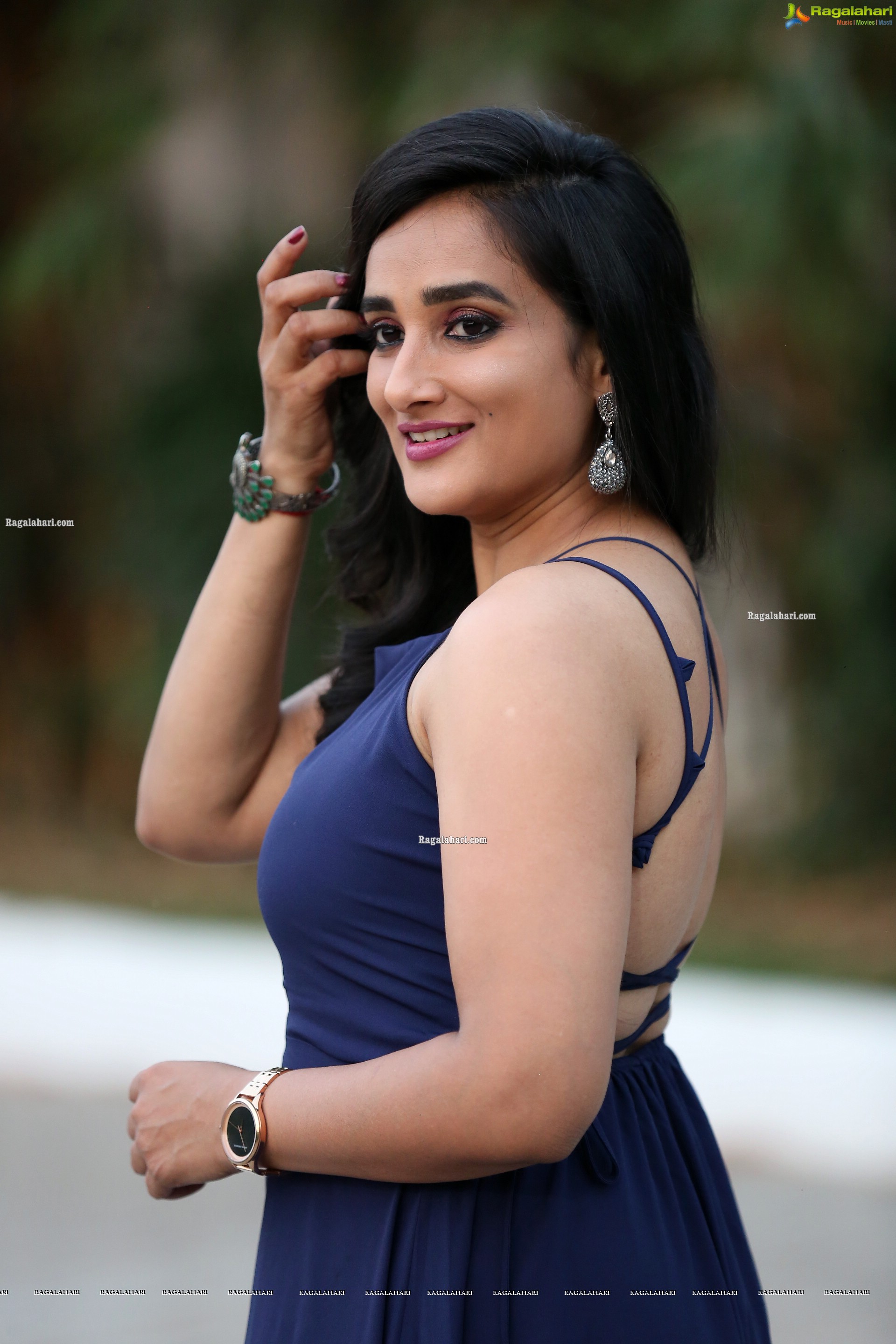 Madhu Krishnan in Navy Blue Spaghetti Strap Dress, HD Photo Gallery