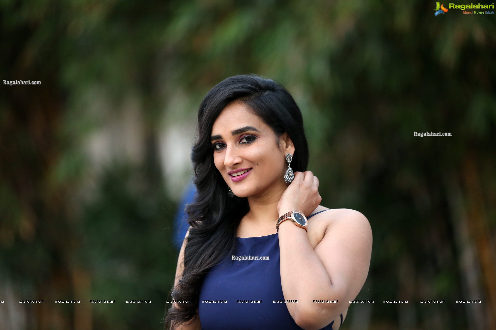 Madhu Krishnan in Navy Blue Spaghetti Strap Dress, HD Photo Gallery