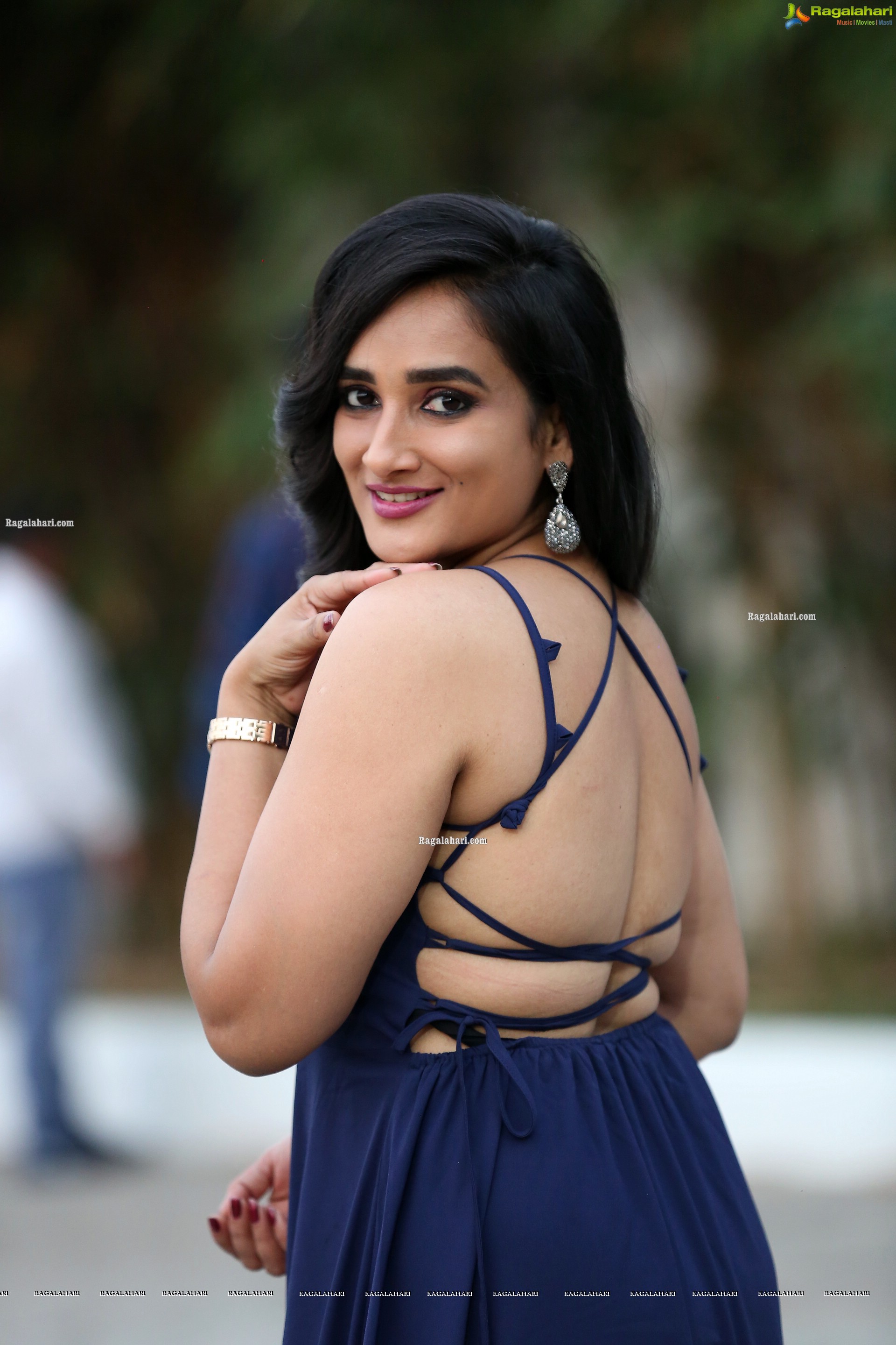 Madhu Krishnan in Navy Blue Spaghetti Strap Dress, HD Photo Gallery