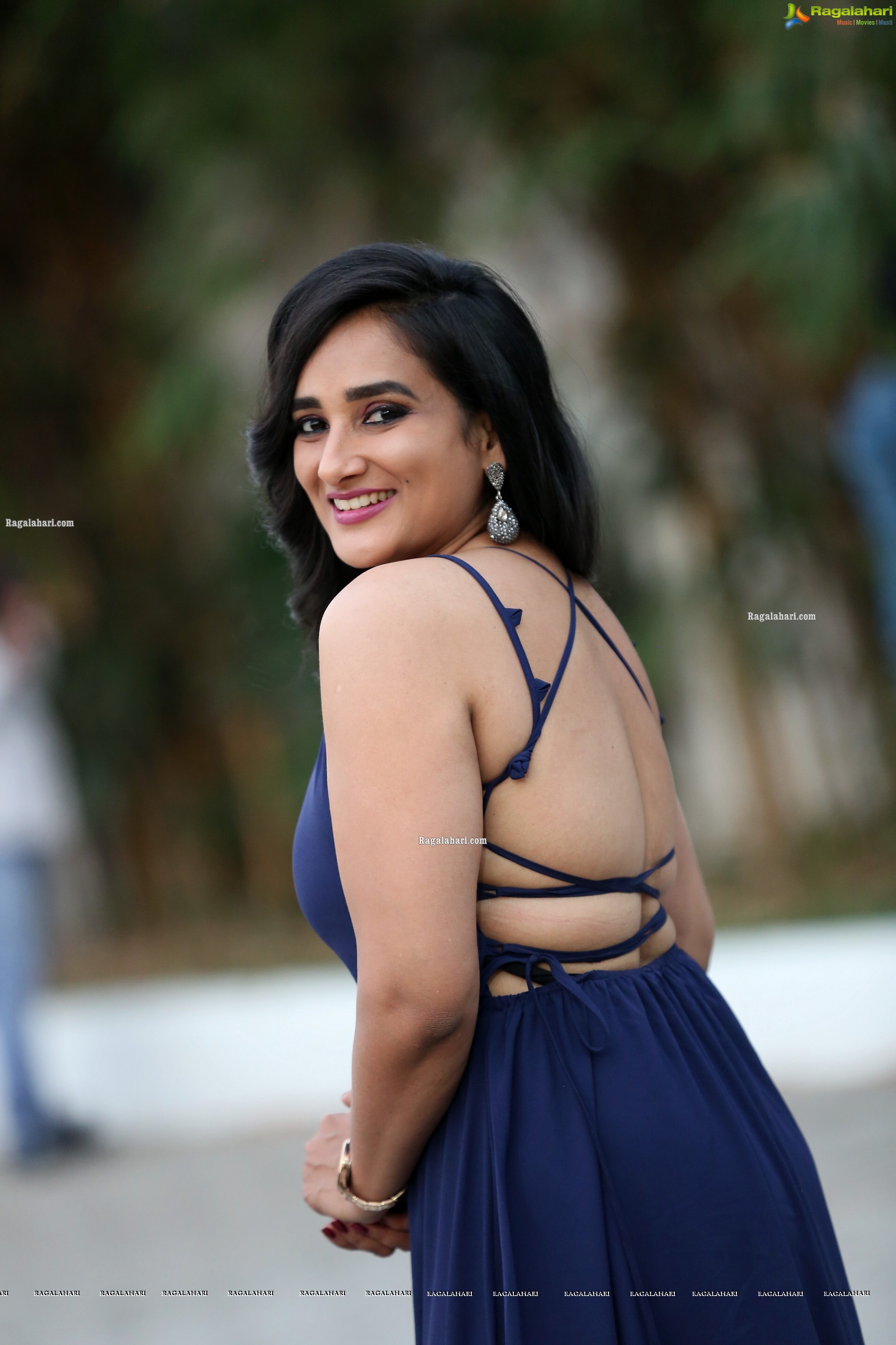 Madhu Krishnan in Navy Blue Spaghetti Strap Dress, HD Photo Gallery