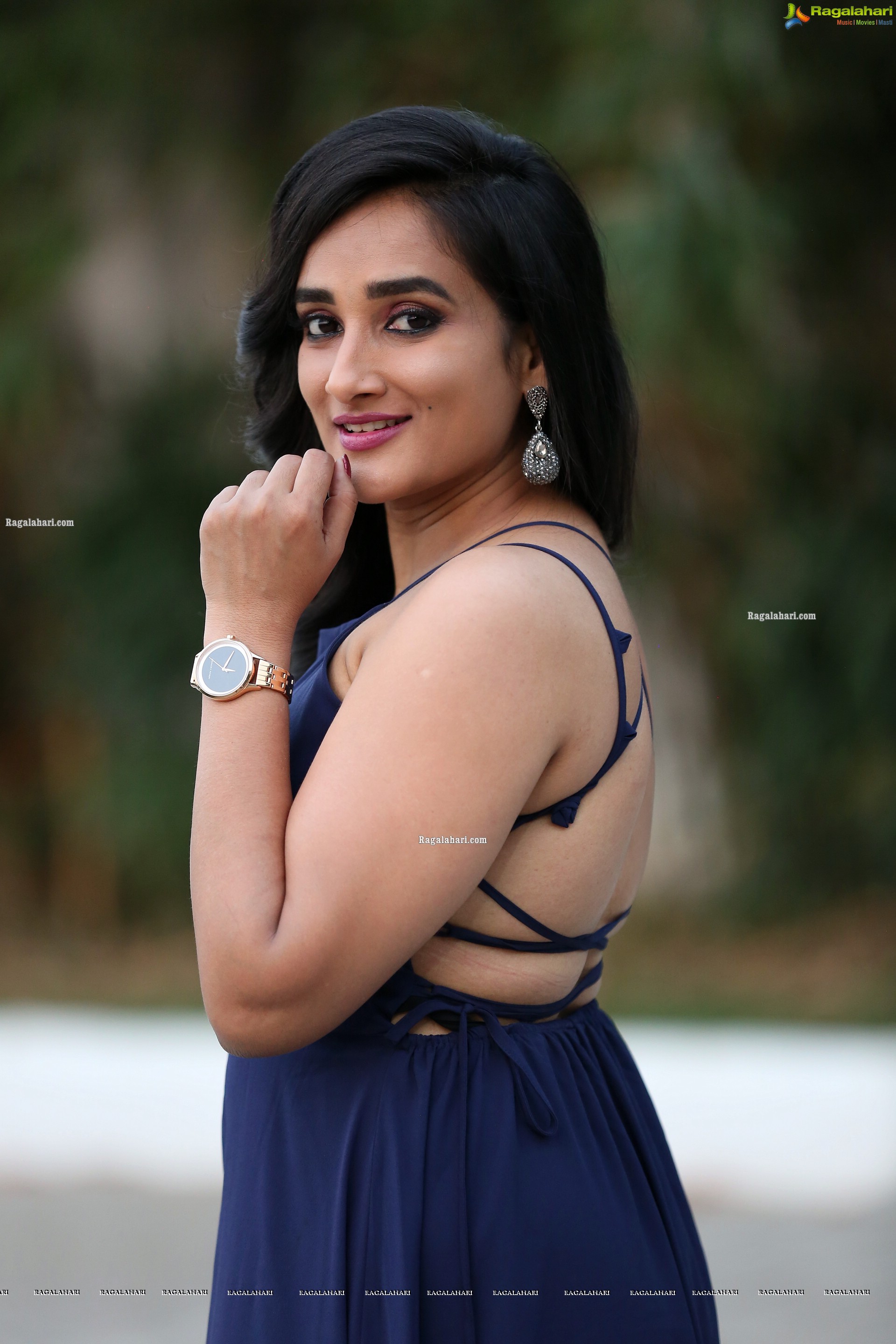 Madhu Krishnan in Navy Blue Spaghetti Strap Dress, HD Photo Gallery