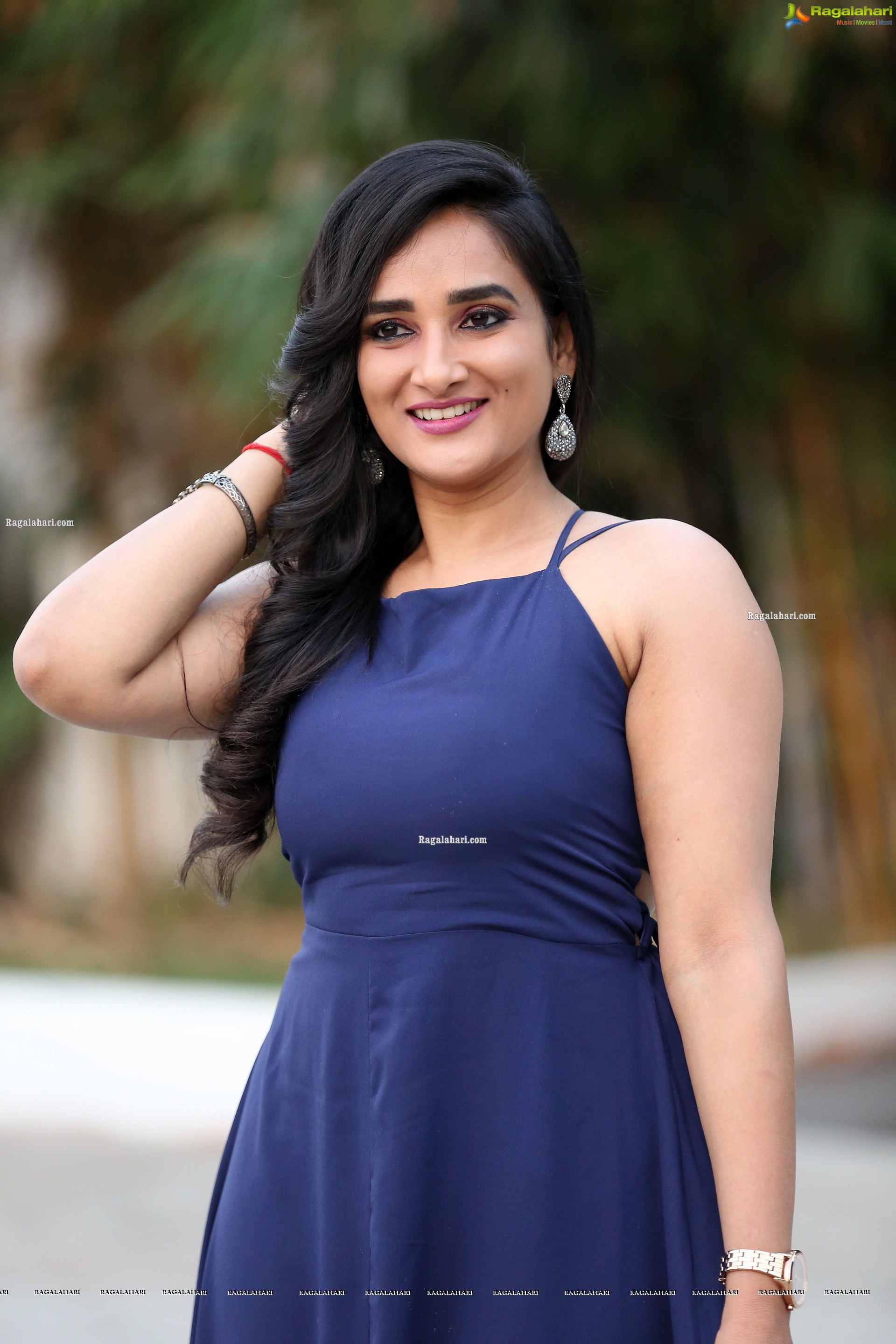 Madhu Krishnan in Navy Blue Spaghetti Strap Dress, HD Photo Gallery