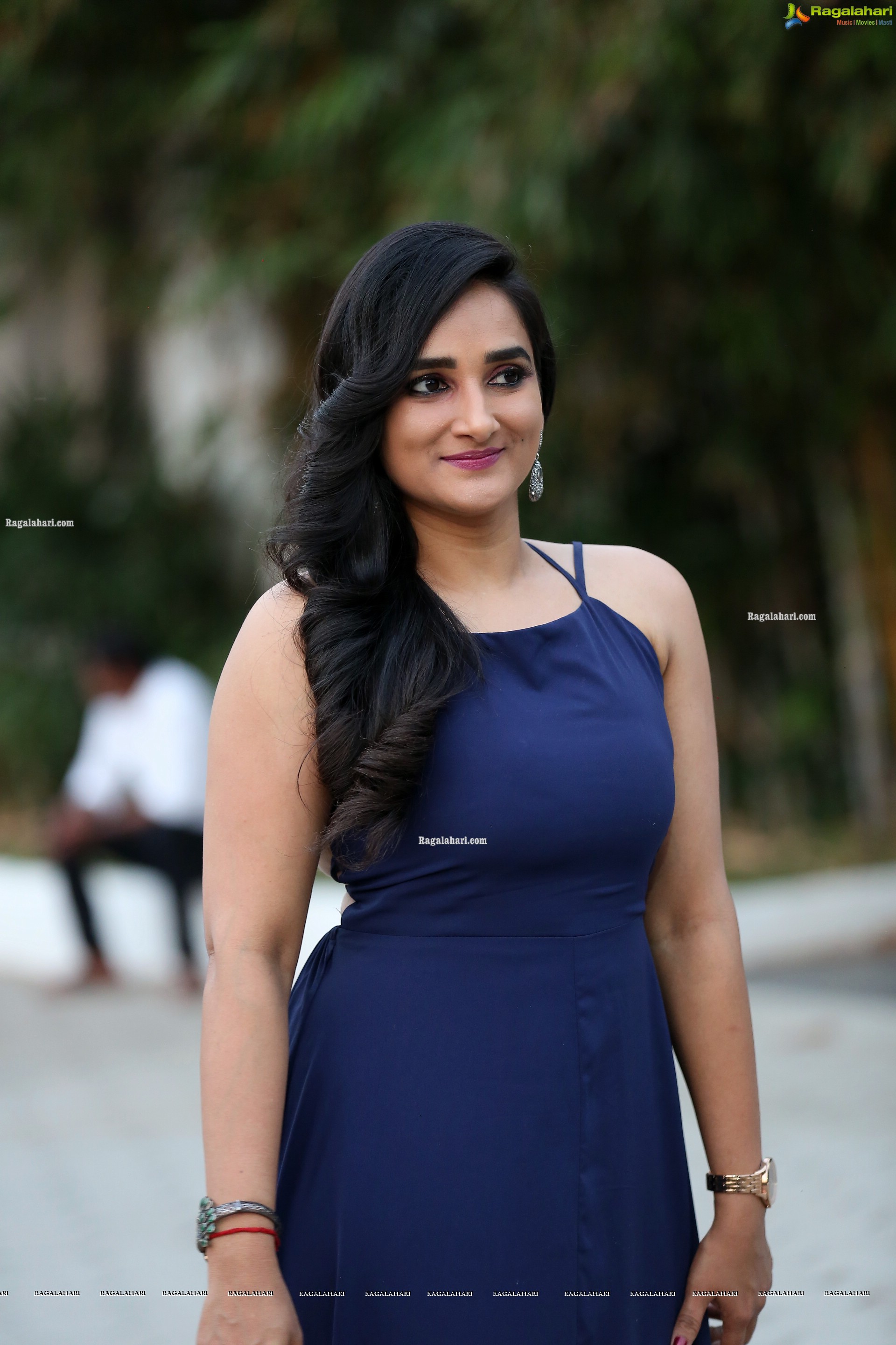 Madhu Krishnan in Navy Blue Spaghetti Strap Dress, HD Photo Gallery