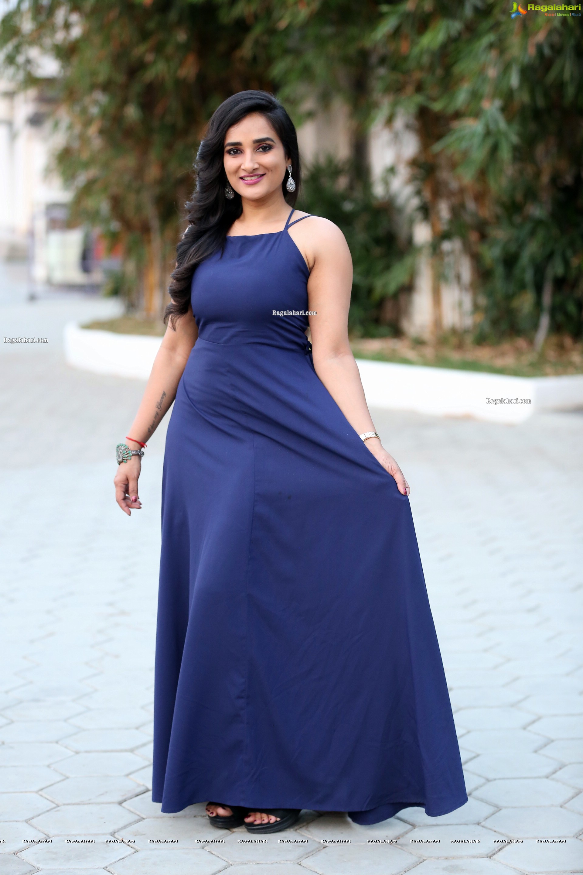 Madhu Krishnan in Navy Blue Spaghetti Strap Dress, HD Photo Gallery