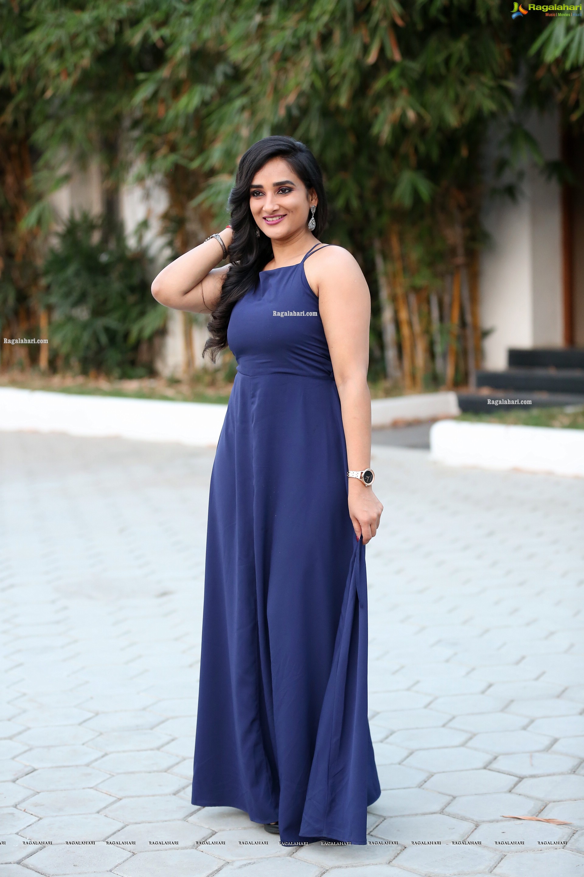 Madhu Krishnan in Navy Blue Spaghetti Strap Dress, HD Photo Gallery