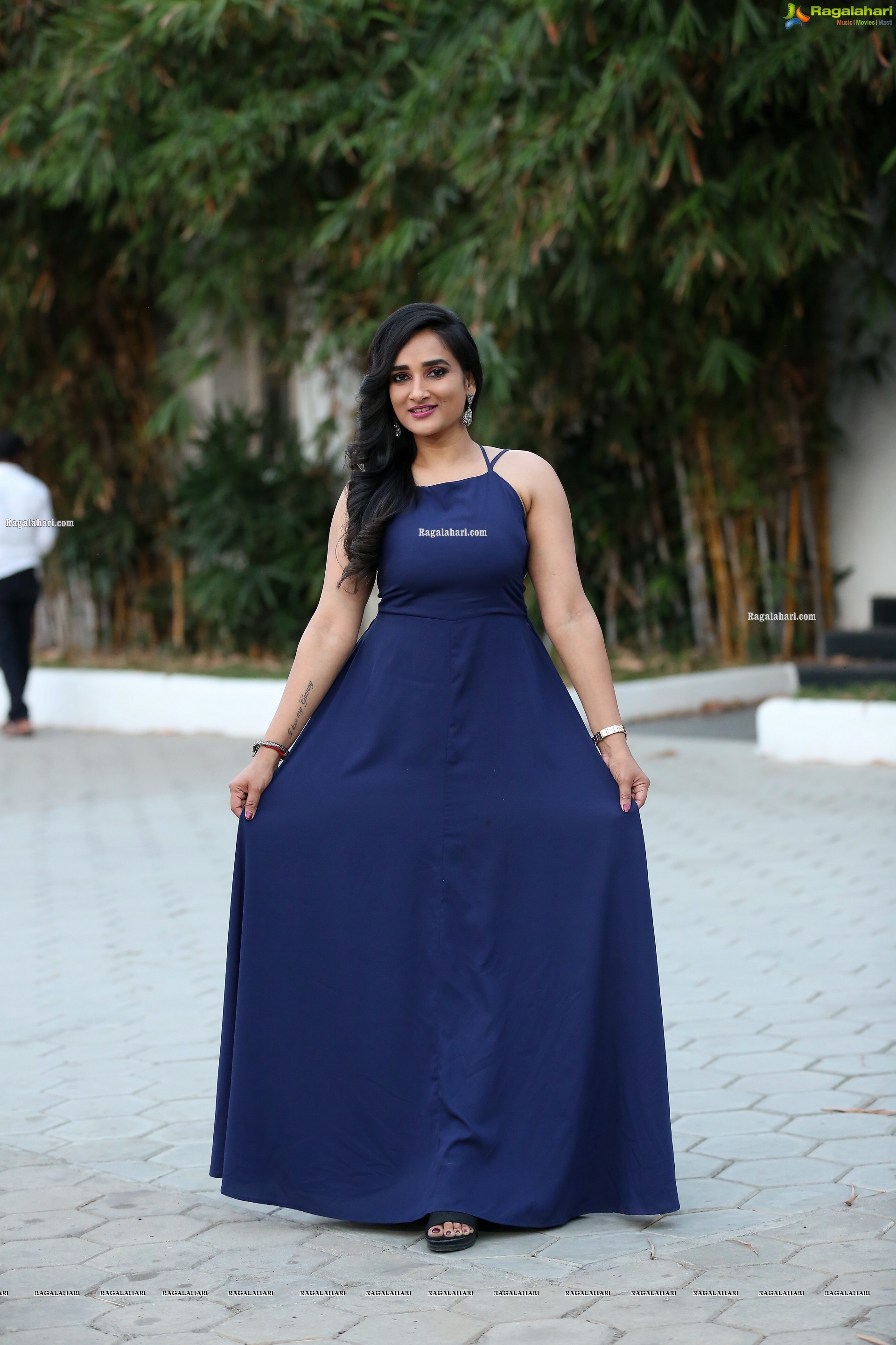 Madhu Krishnan in Navy Blue Spaghetti Strap Dress, HD Photo Gallery