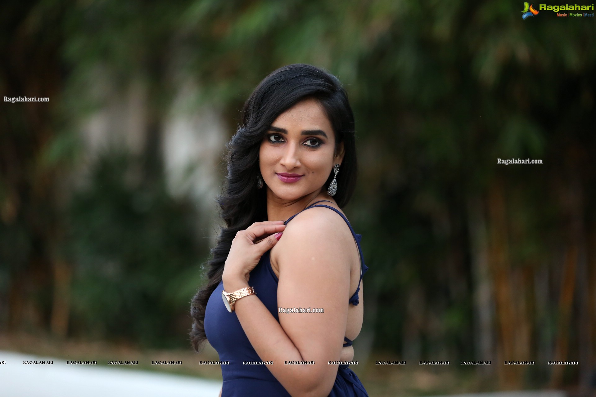 Madhu Krishnan in Navy Blue Spaghetti Strap Dress, HD Photo Gallery