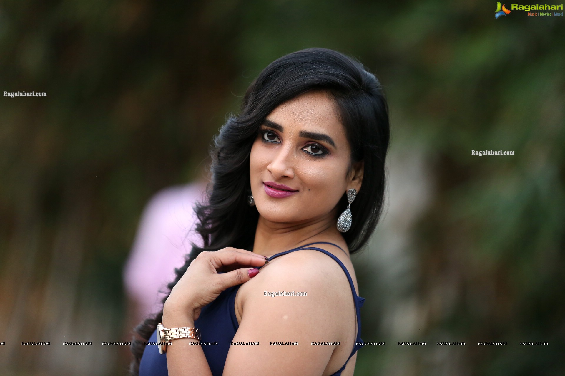 Madhu Krishnan in Navy Blue Spaghetti Strap Dress, HD Photo Gallery