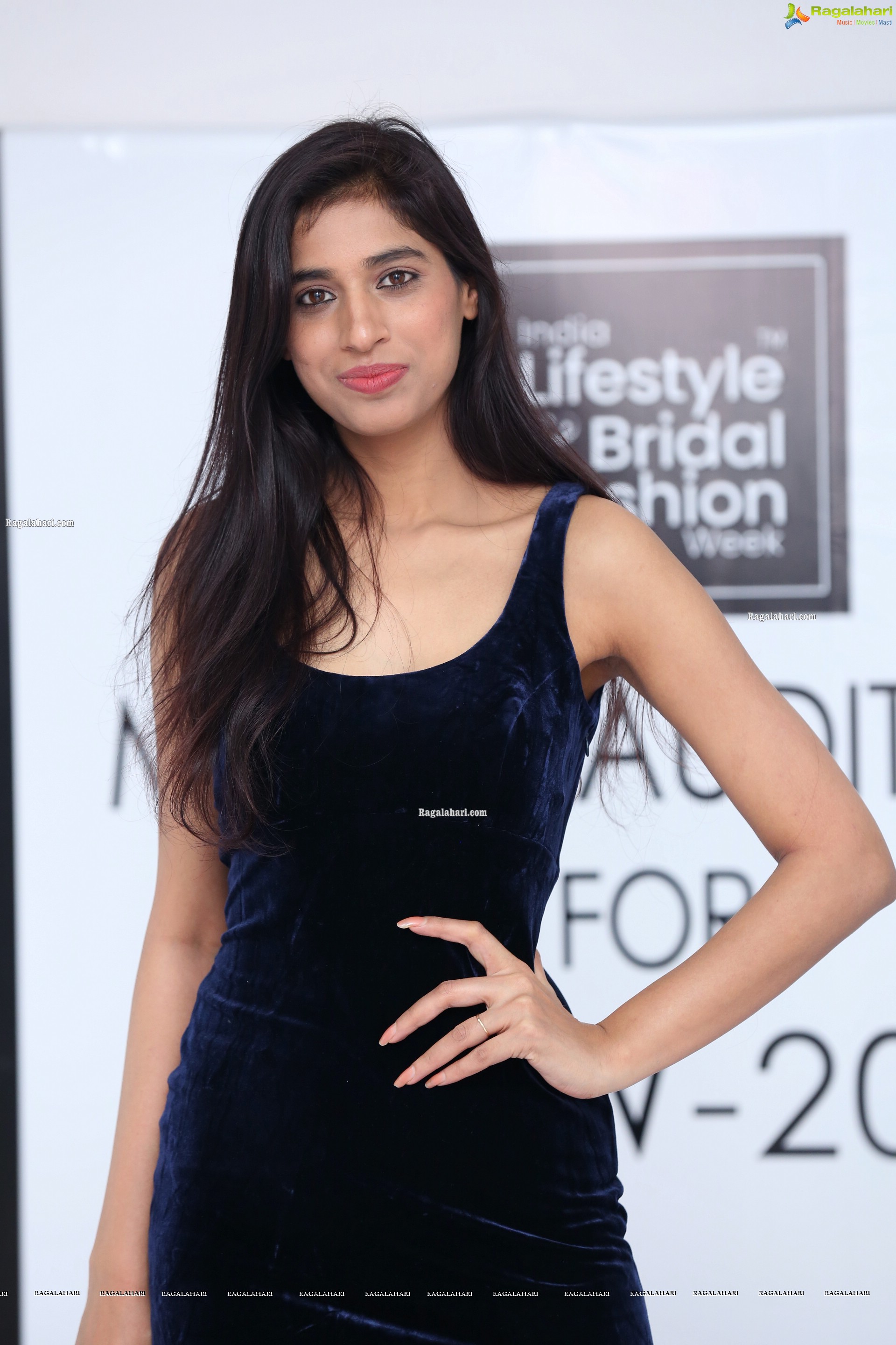 Naziya Khan in Navy Blue High Slit Velvet Dress, HD Photo Gallery