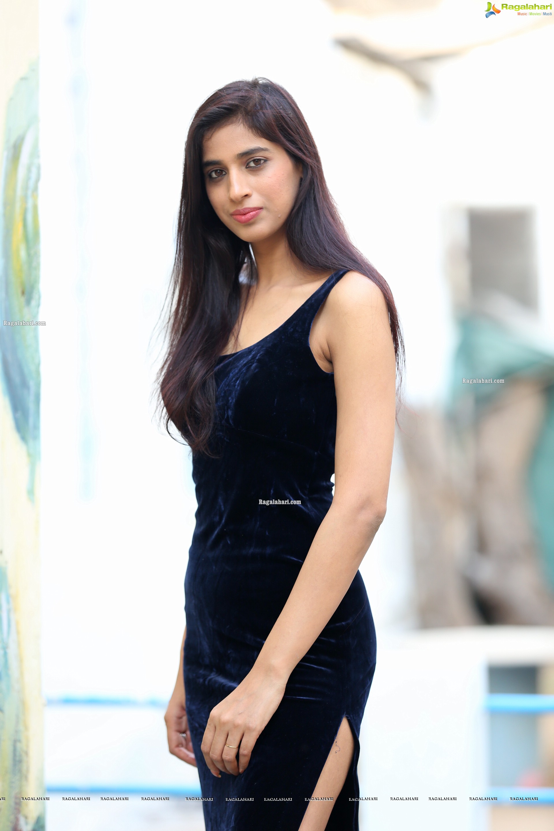 Naziya Khan in Navy Blue High Slit Velvet Dress, HD Photo Gallery