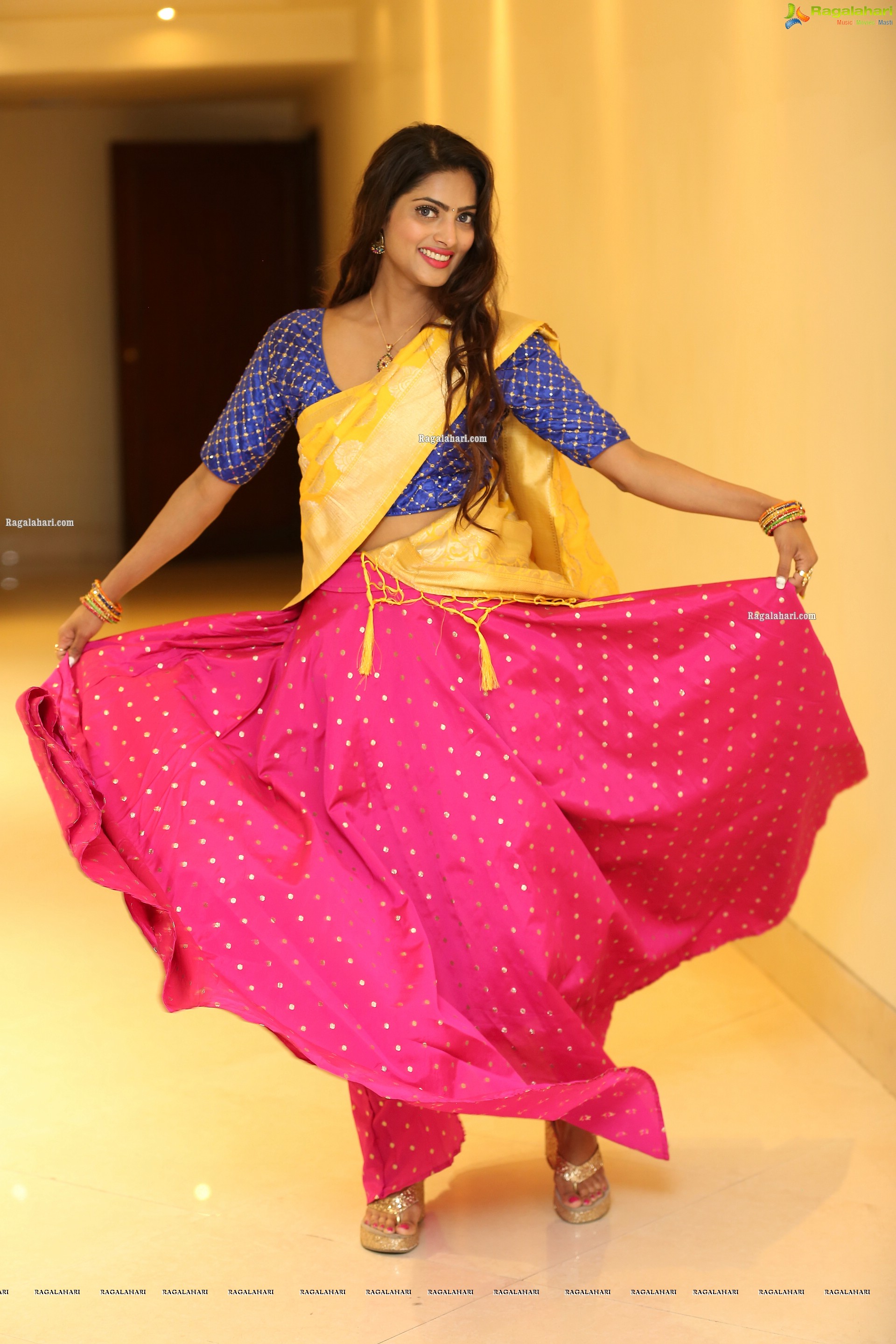 Sherry Agarwal Gorgeous Stills in Pink Lehenga and Blue Blouse with Yellow Voni, HD Photo Gallery