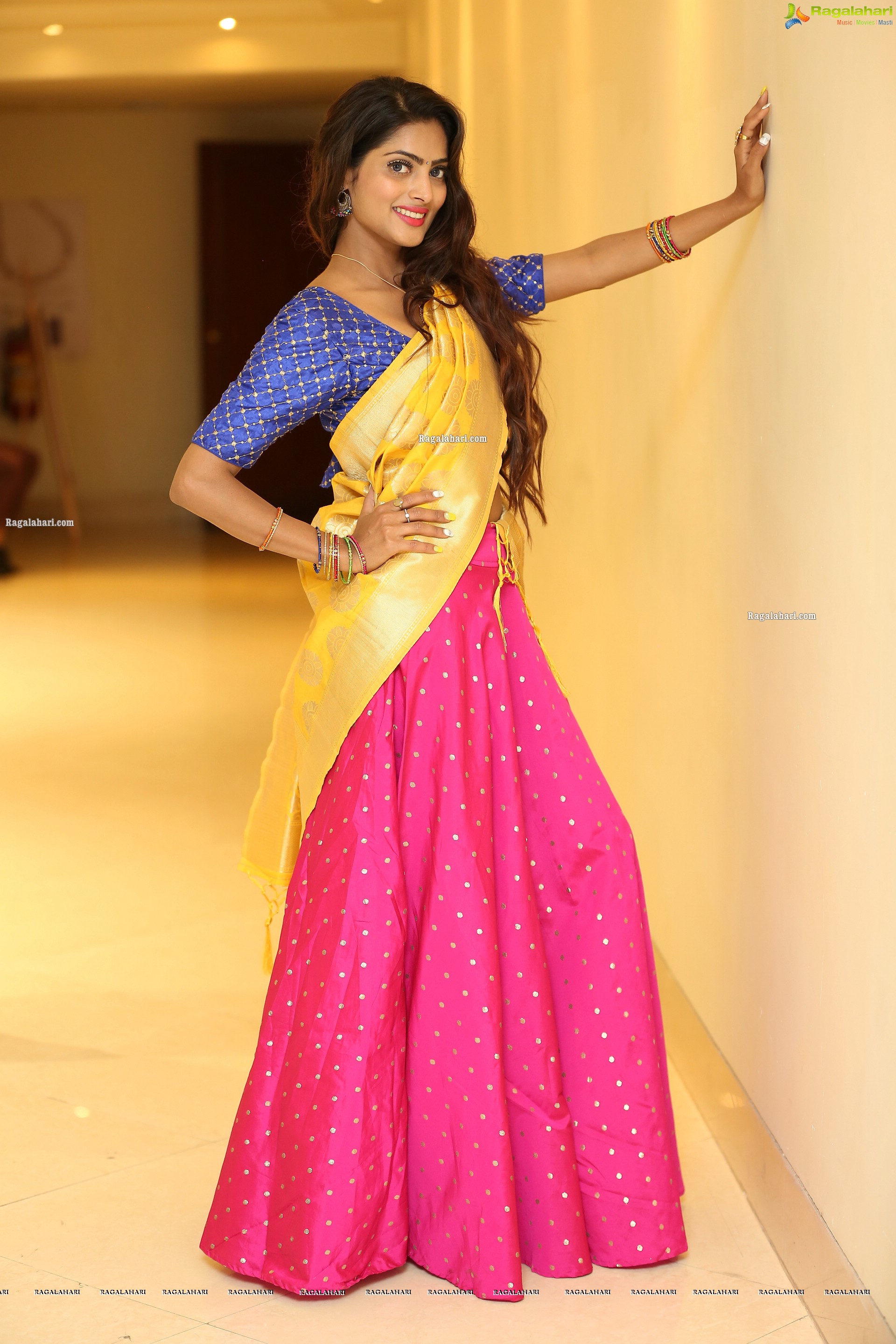 Sherry Agarwal Gorgeous Stills in Pink Lehenga and Blue Blouse with Yellow Voni, HD Photo Gallery