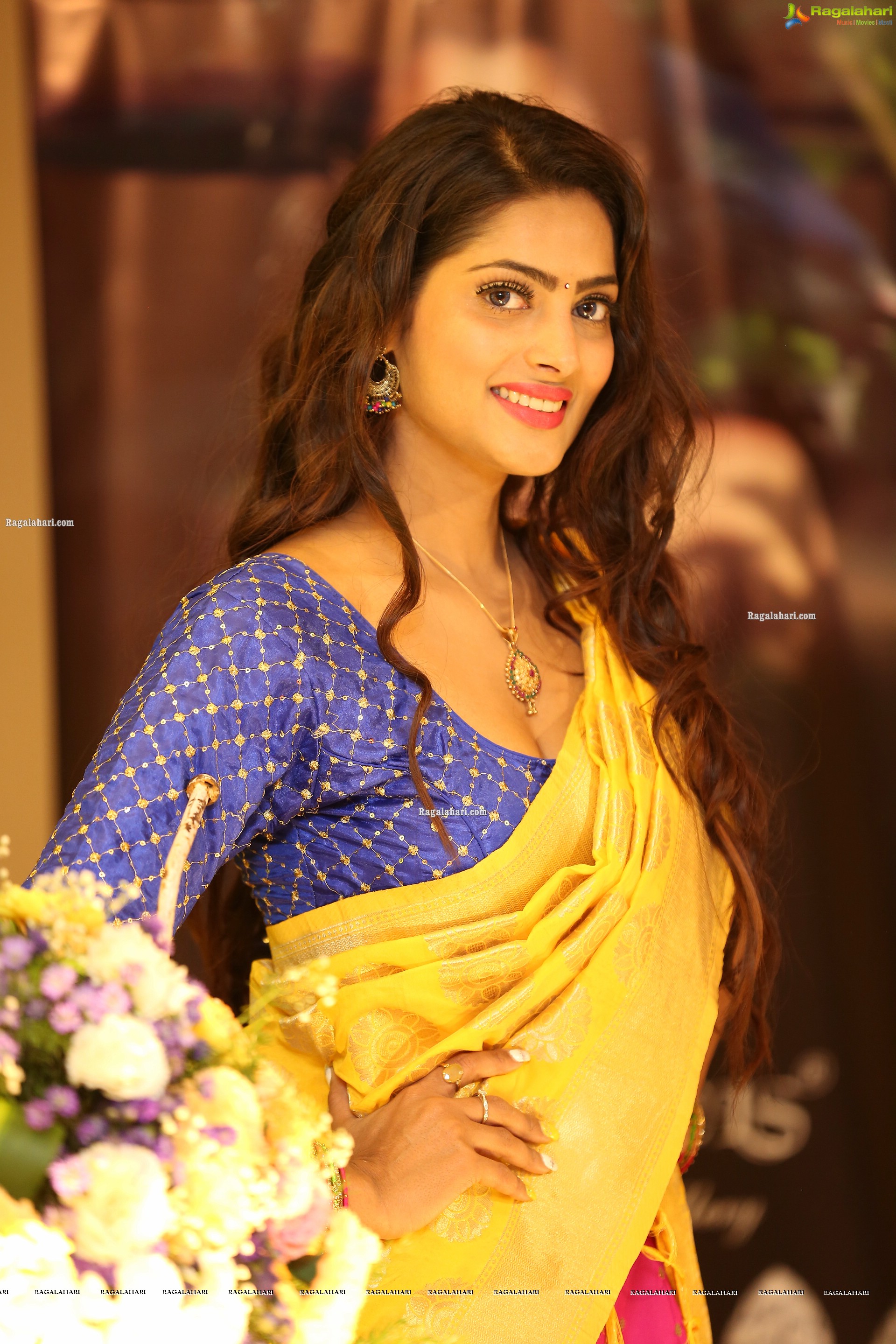 Sherry Agarwal Gorgeous Stills in Pink Lehenga and Blue Blouse with Yellow Voni, HD Photo Gallery