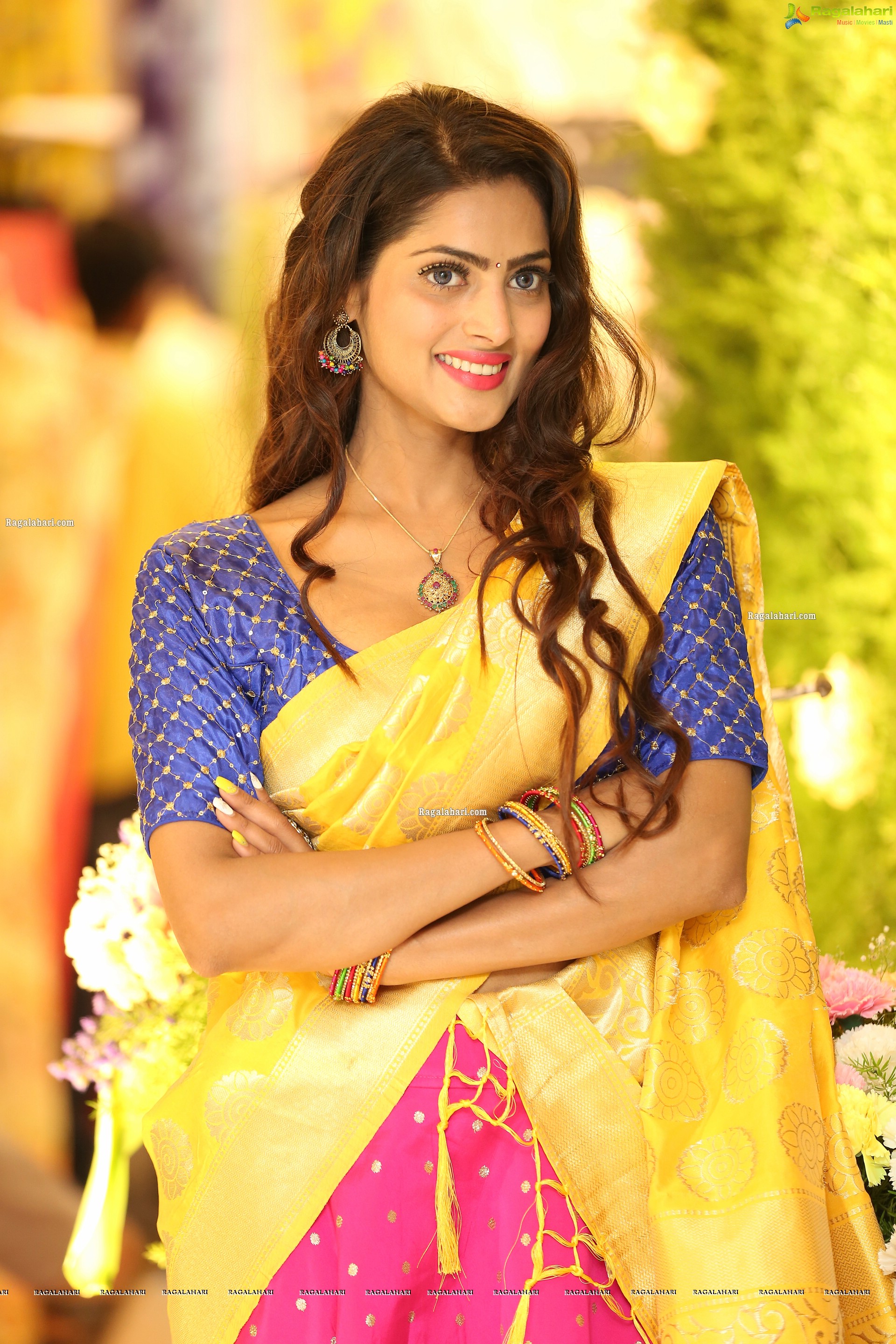 Sherry Agarwal Gorgeous Stills in Pink Lehenga and Blue Blouse with Yellow Voni, HD Photo Gallery