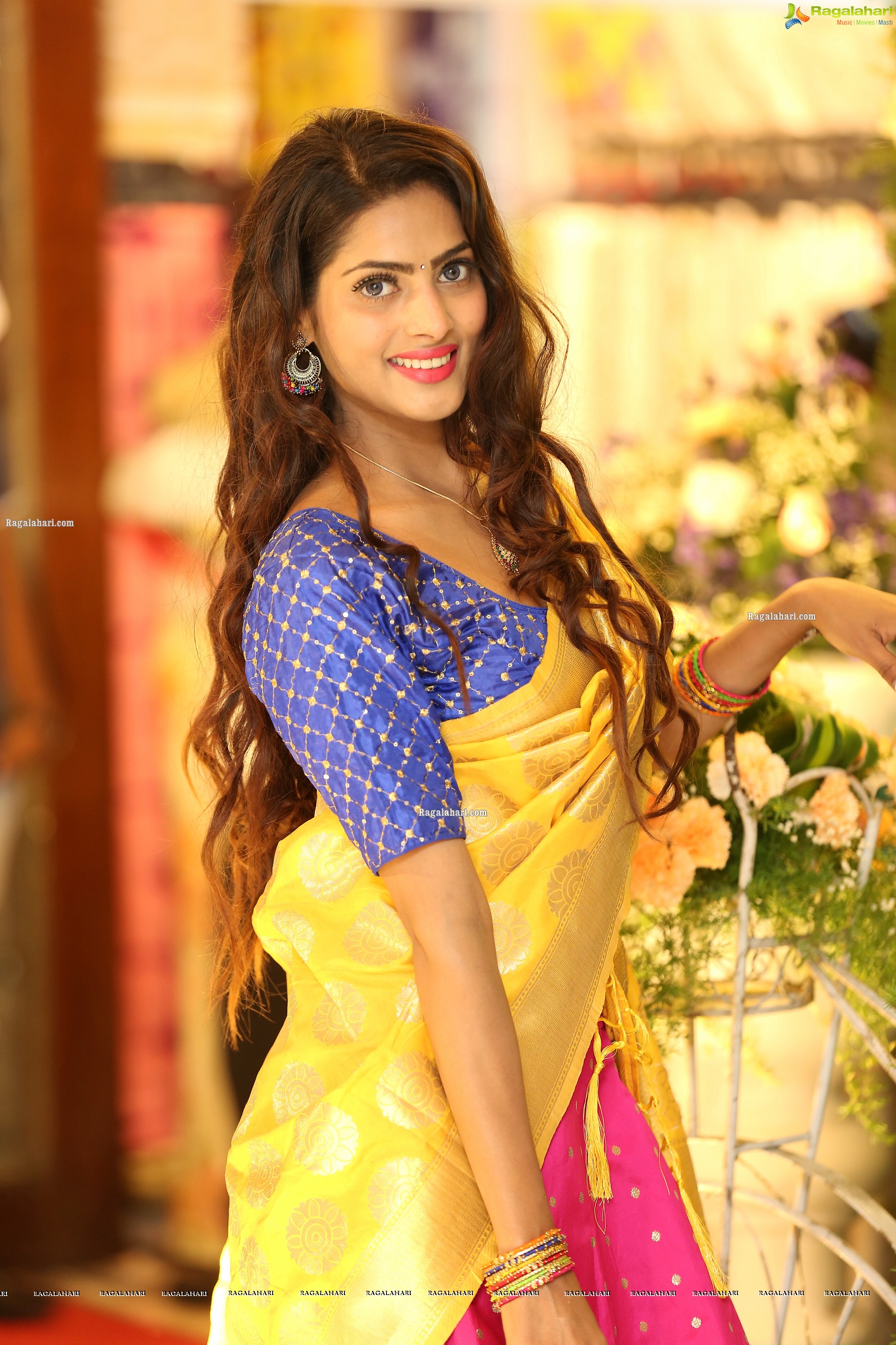 Sherry Agarwal Gorgeous Stills in Pink Lehenga and Blue Blouse with Yellow Voni, HD Photo Gallery