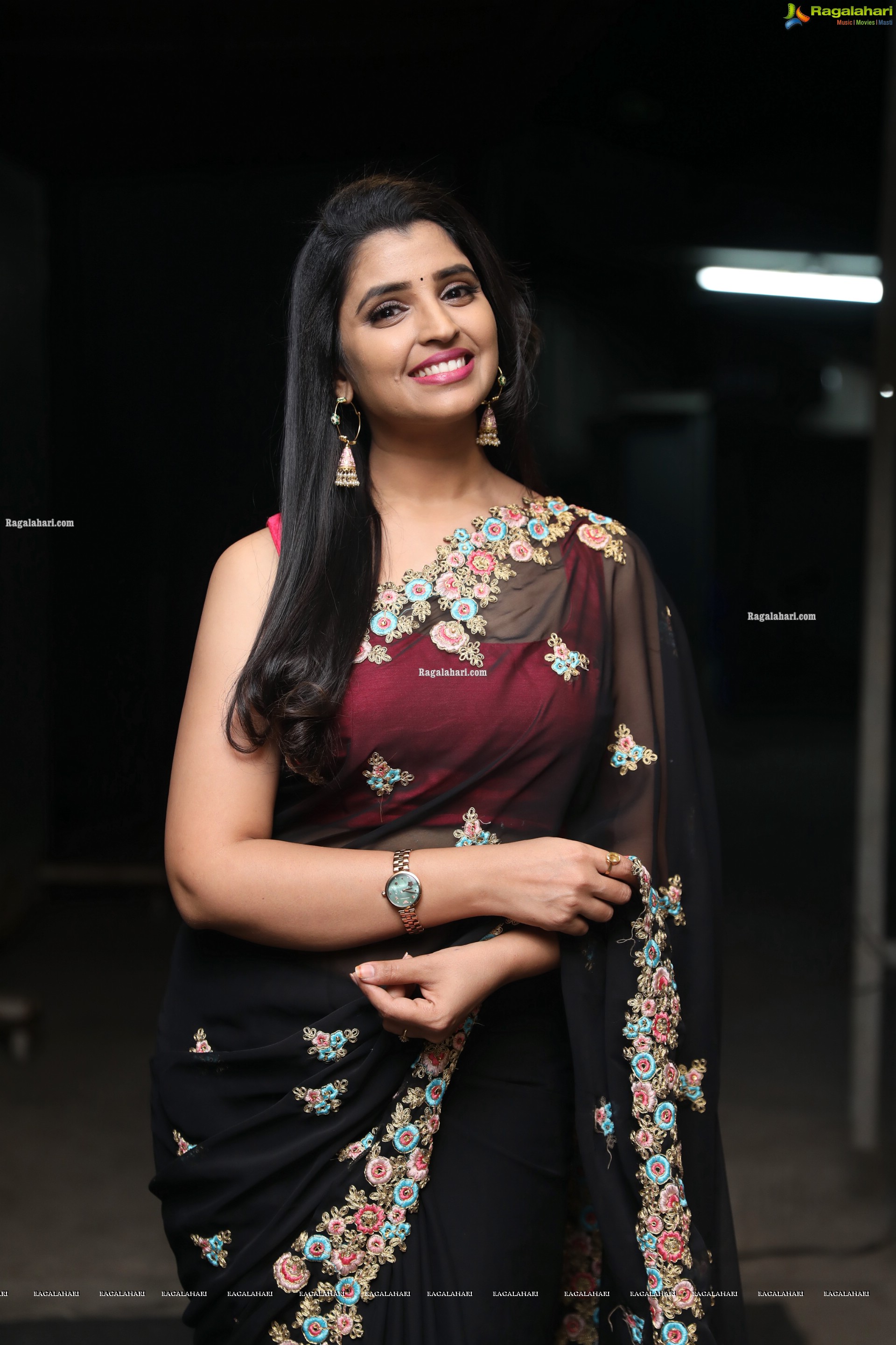 Anchor Shyamala in Black Georgette Saree in Floral Embroidery, HD Photo Gallery