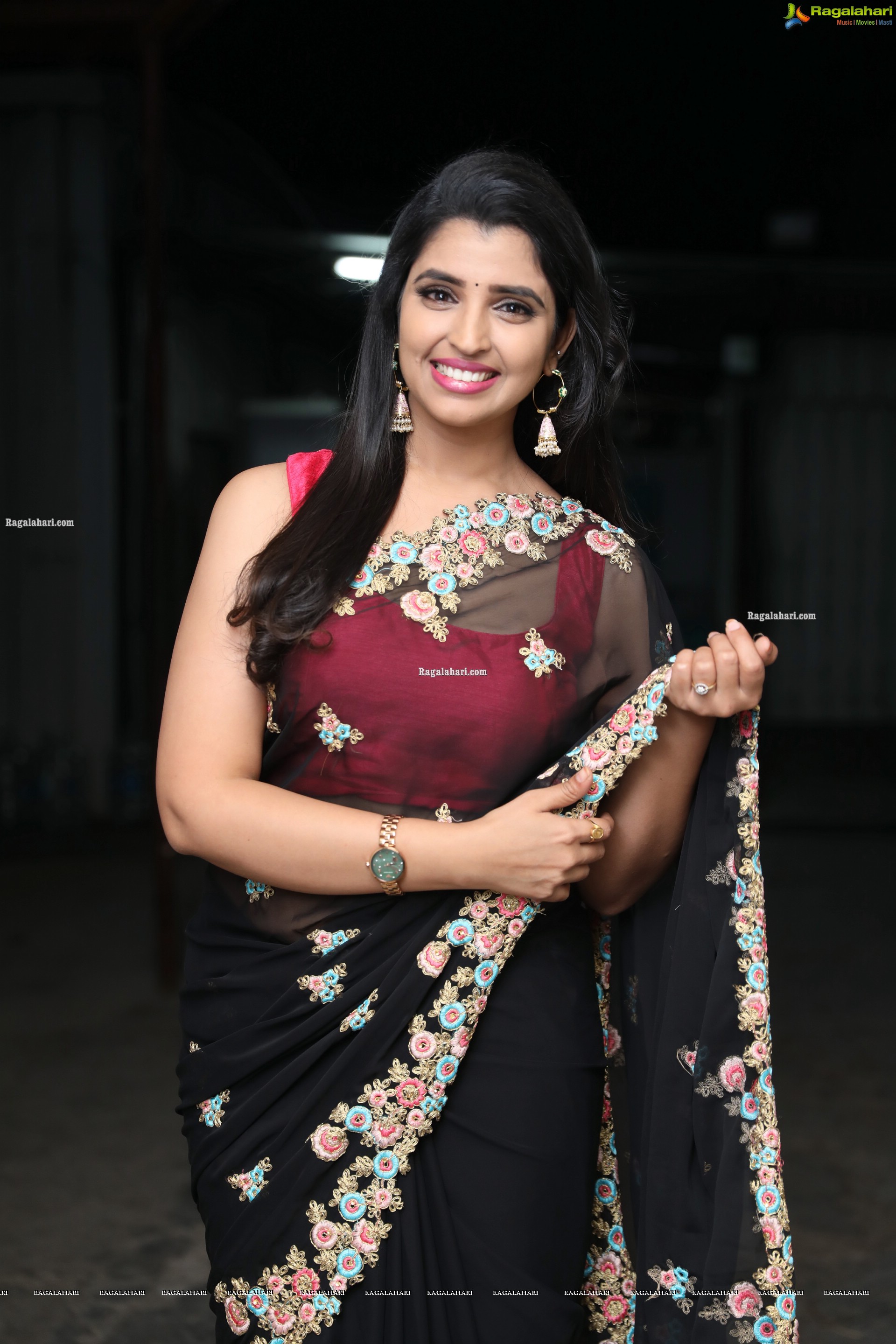 Anchor Shyamala in Black Georgette Saree in Floral Embroidery, HD Photo Gallery