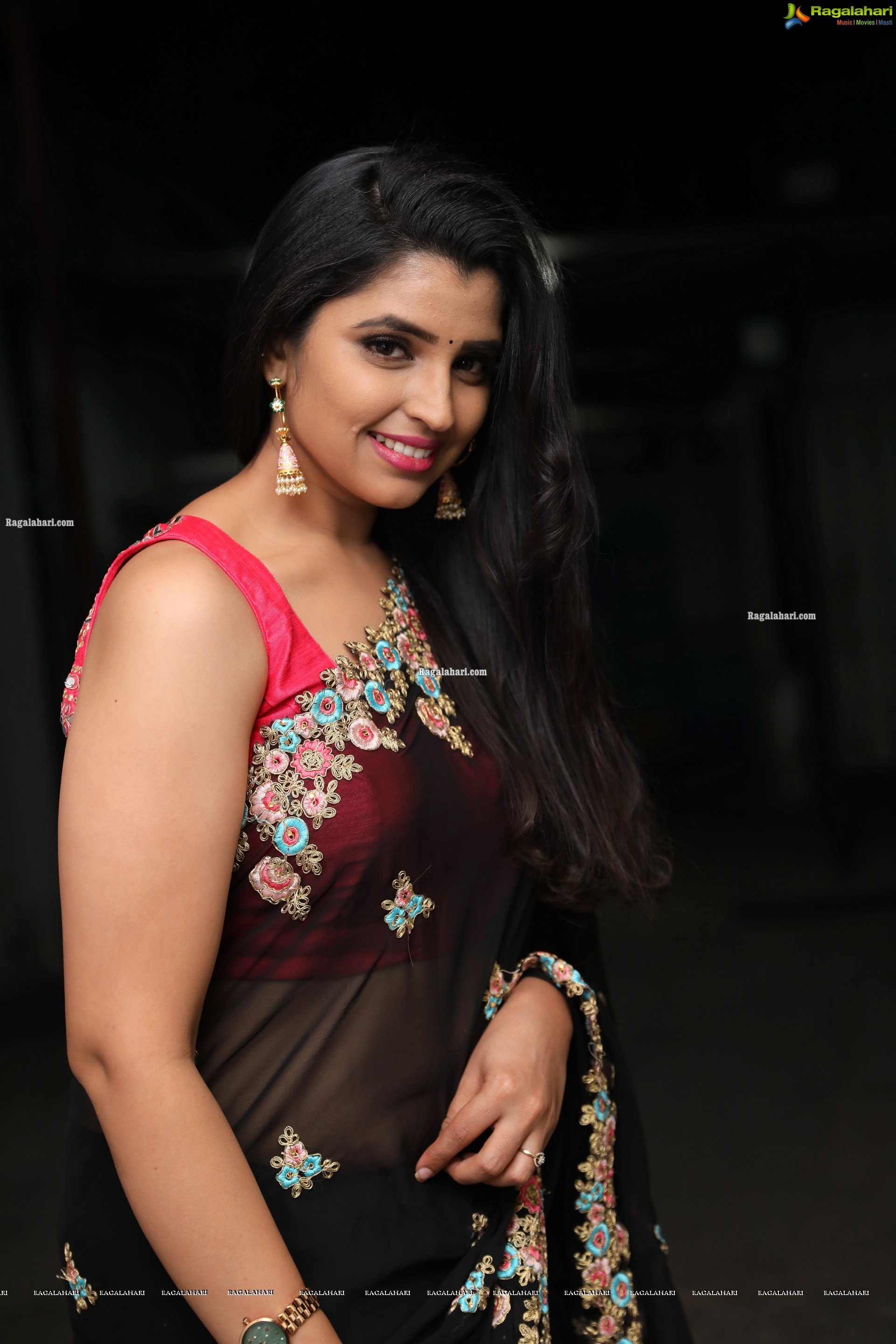 Anchor Shyamala in Black Georgette Saree in Floral Embroidery, HD Photo Gallery