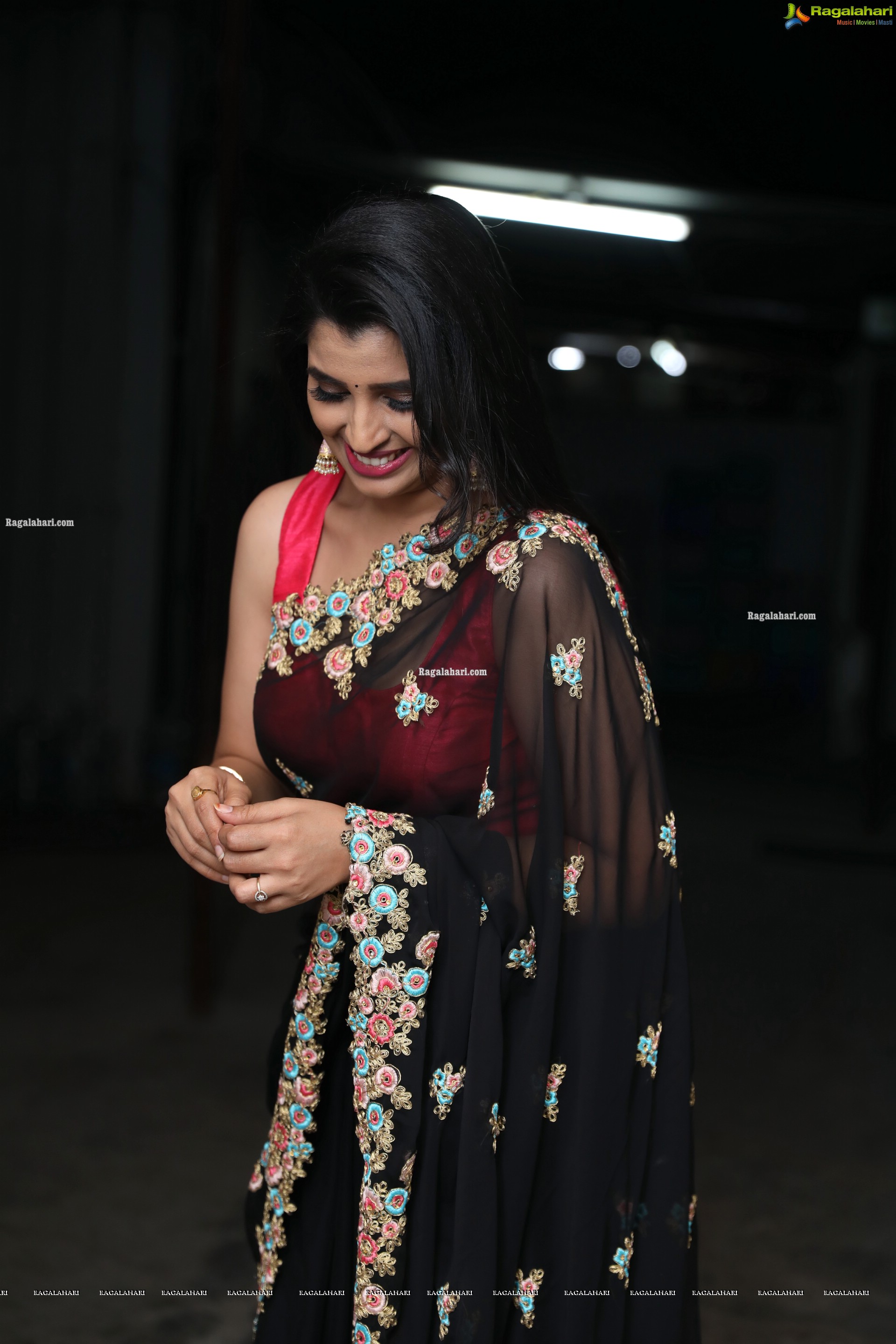 Anchor Shyamala in Black Georgette Saree in Floral Embroidery, HD Photo Gallery