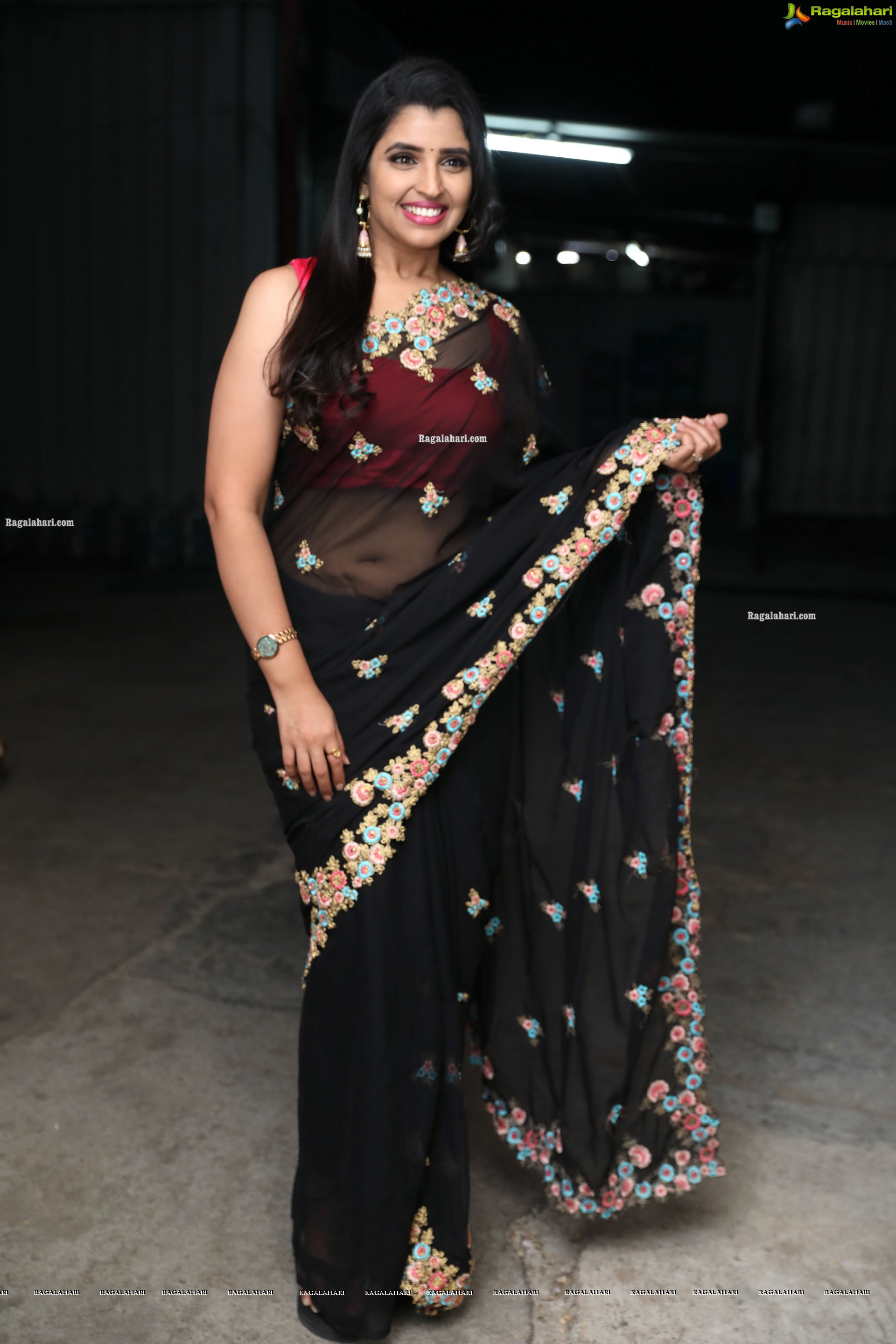 Anchor Shyamala in Black Georgette Saree in Floral Embroidery, HD Photo Gallery