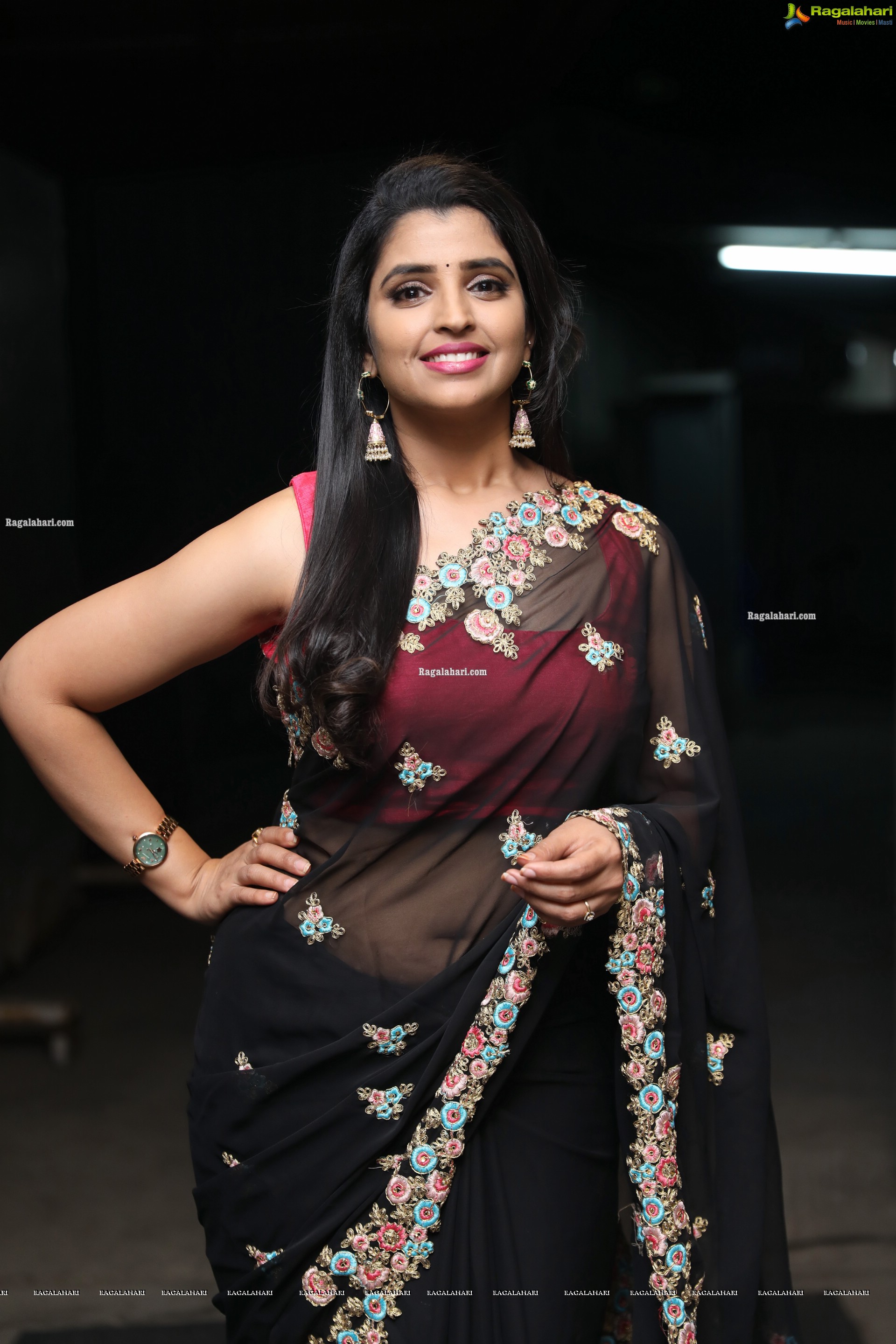 Anchor Shyamala in Black Georgette Saree in Floral Embroidery, HD Photo Gallery