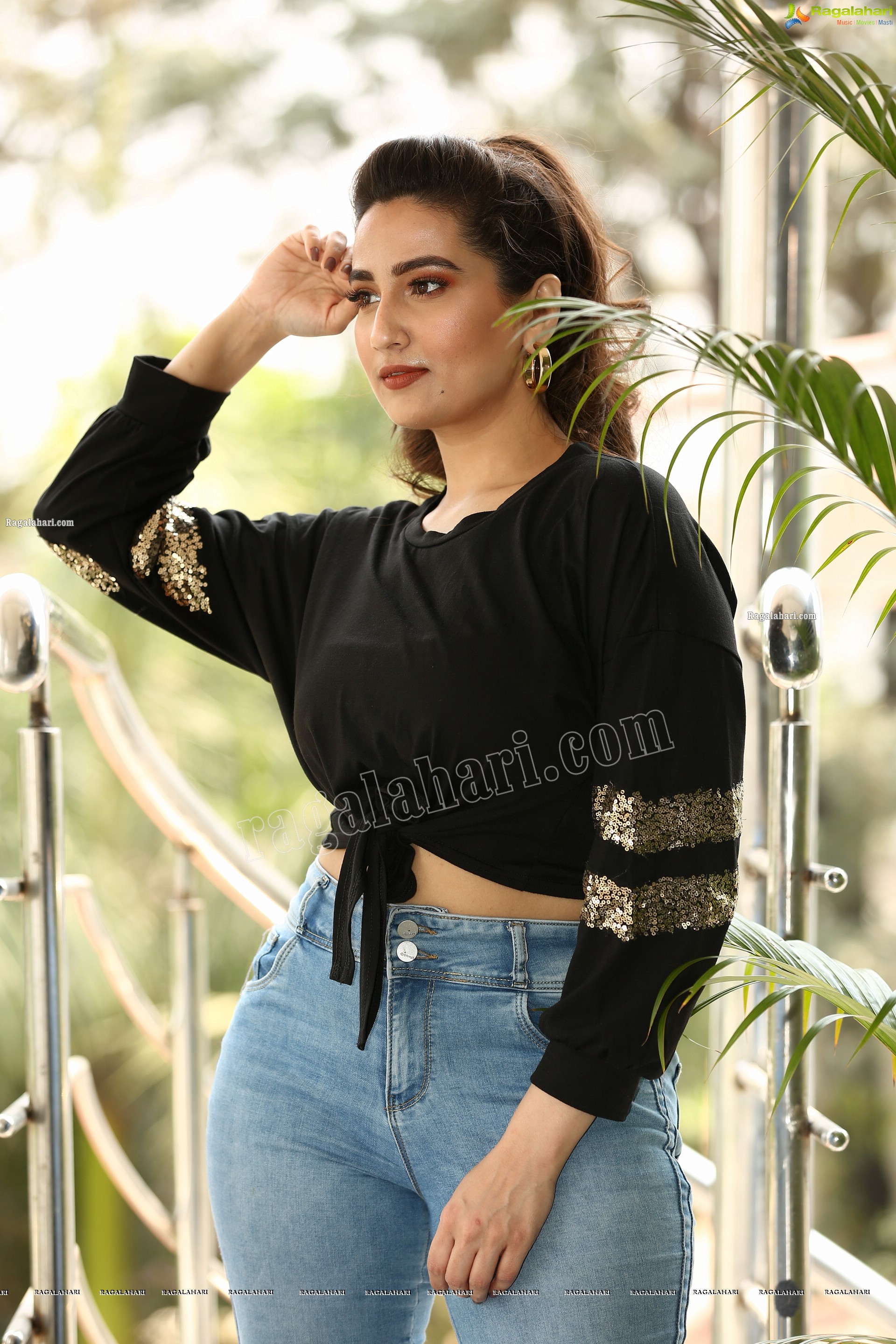 Manjusha in Black Tie Front Top and Jeans, Exclusive Studio Shoot