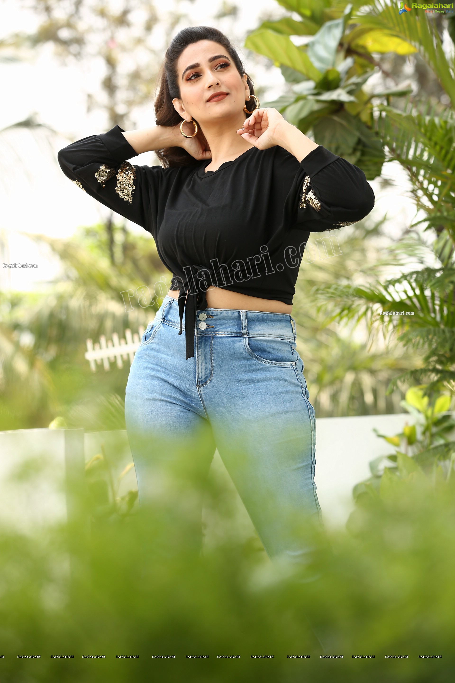 Manjusha in Black Tie Front Top and Jeans, Exclusive Studio Shoot