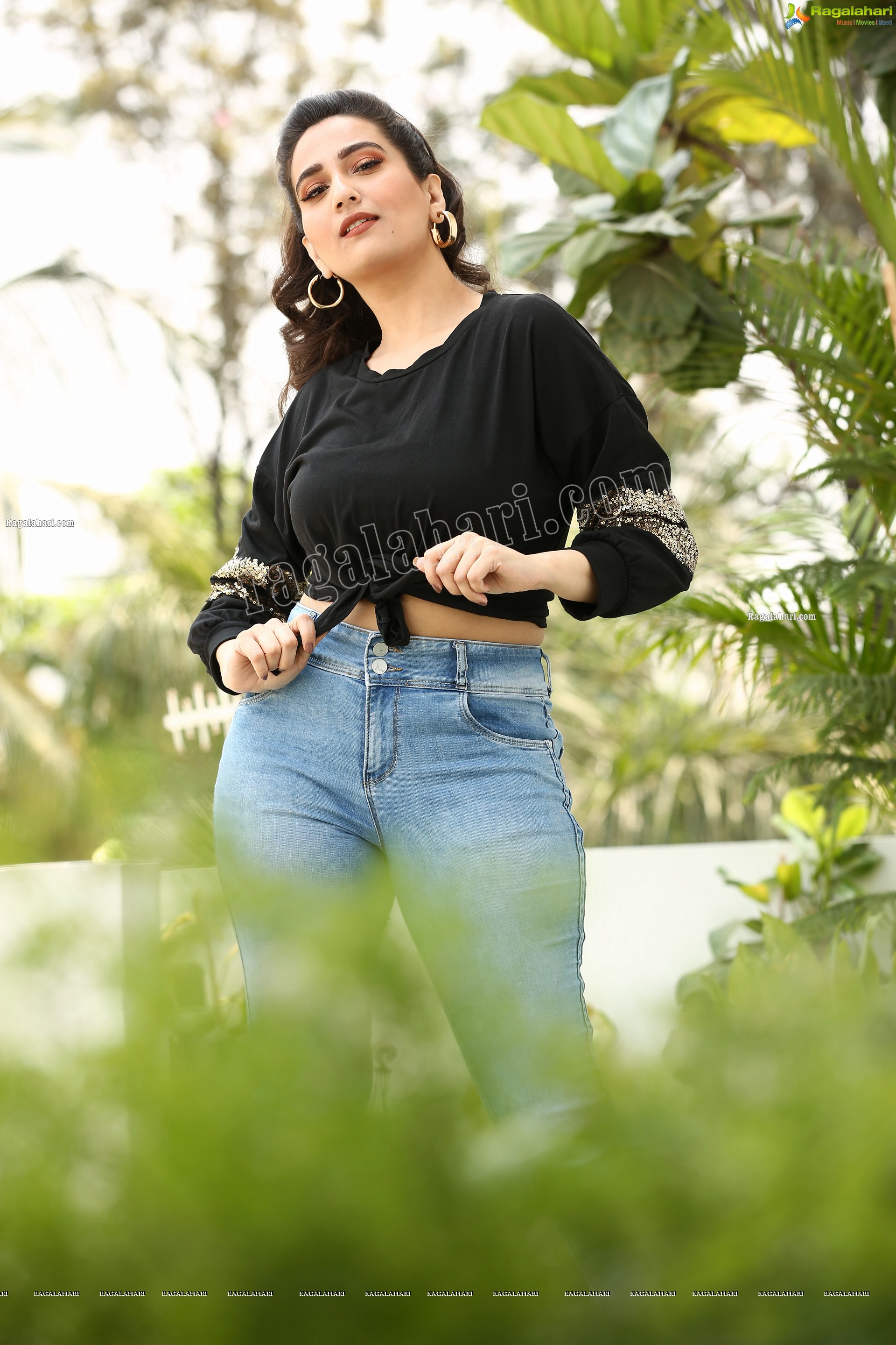 Manjusha in Black Tie Front Top and Jeans, Exclusive Studio Shoot