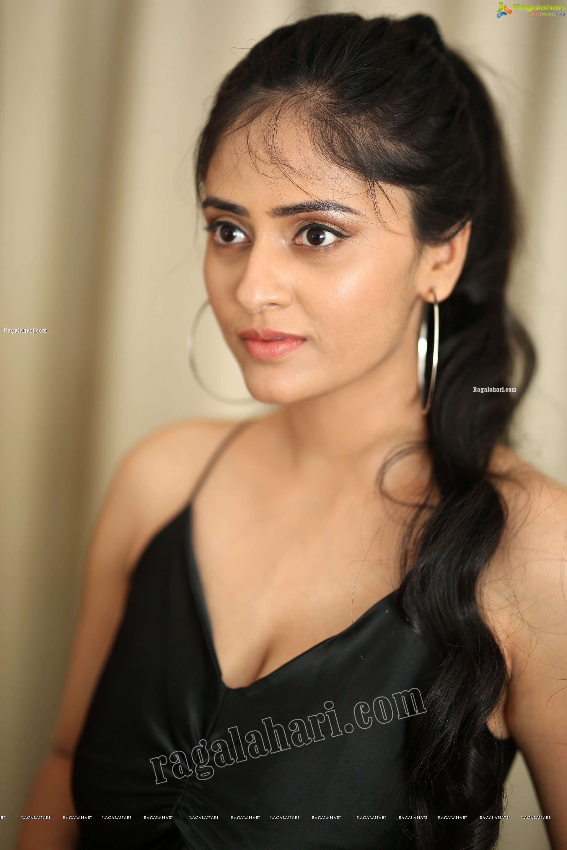Sanya Thakur in Black Spaghetti Strap Satin Dress, Exclusive Studio Shoot