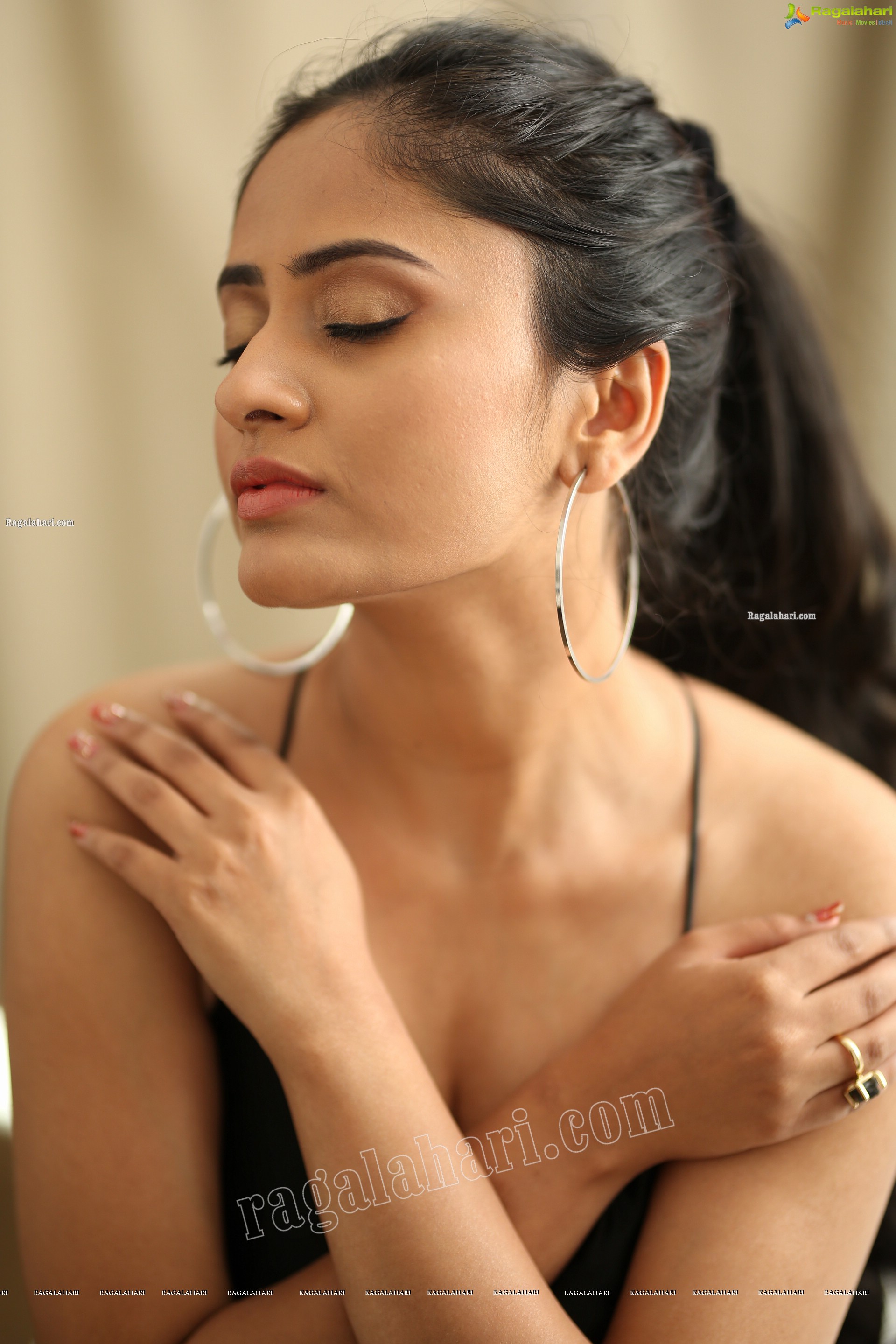 Sanya Thakur in Black Spaghetti Strap Satin Dress, Exclusive Studio Shoot
