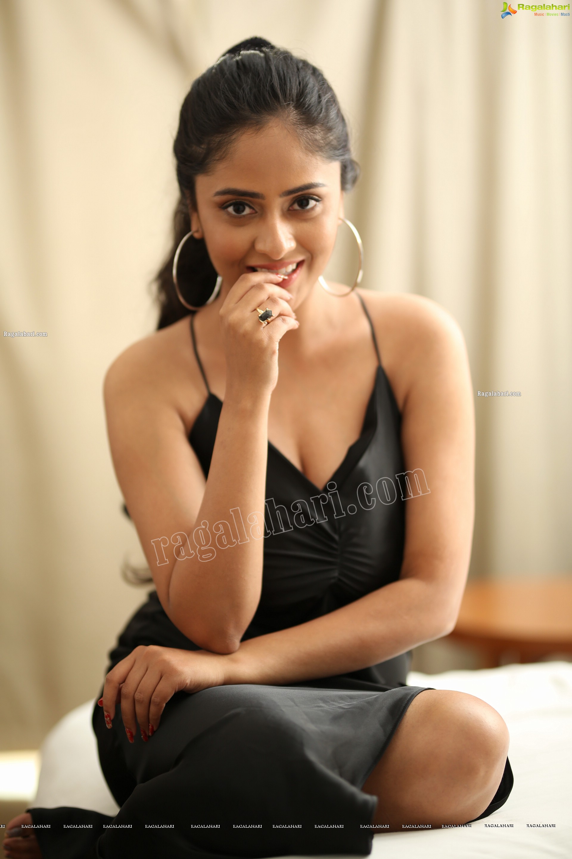 Sanya Thakur in Black Spaghetti Strap Satin Dress, Exclusive Studio Shoot