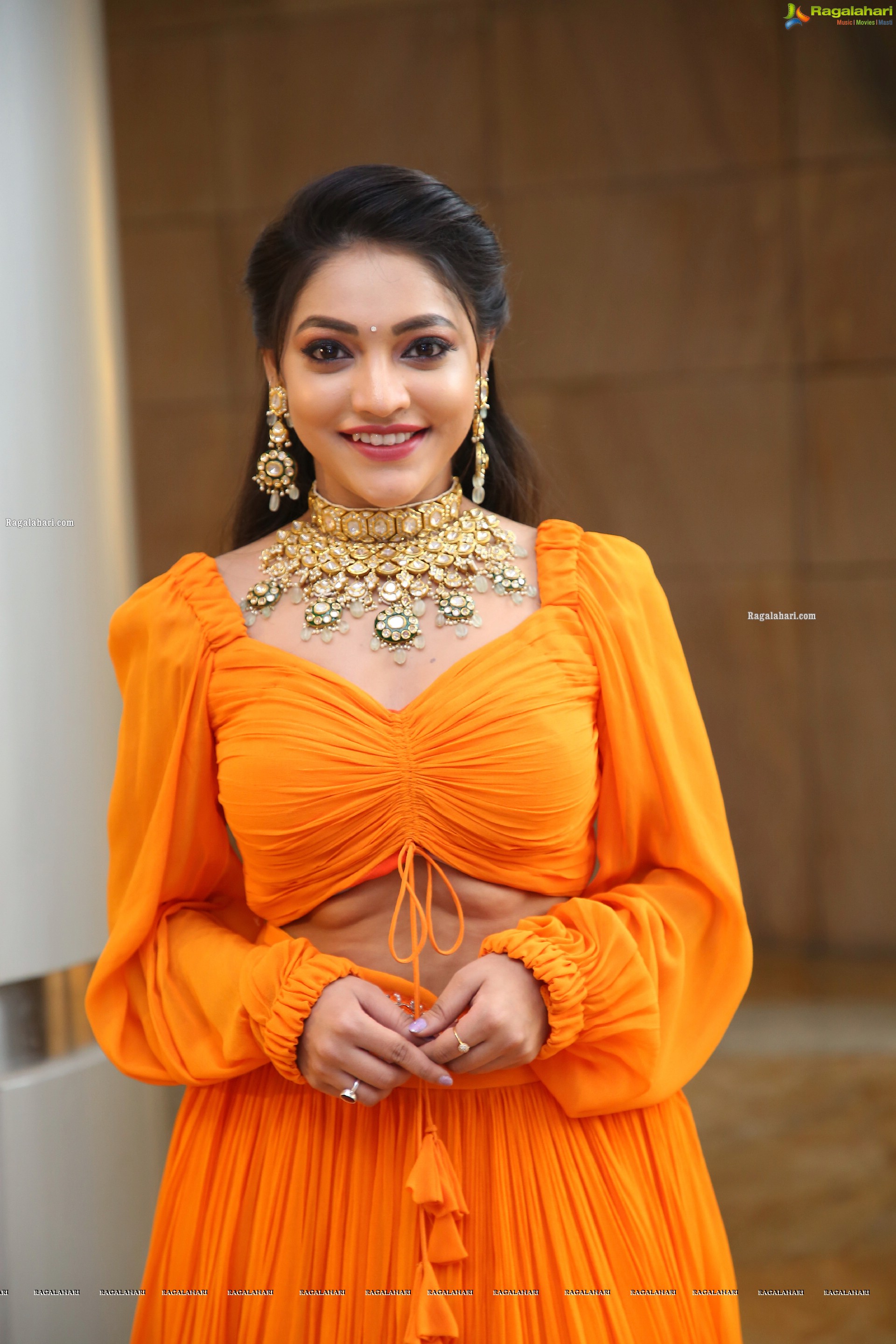 Ishwarya Vullingala in Orange Embellished Lehenga Choli, HD Photo Gallery