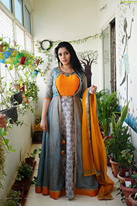 Aadhya Paruchuri in Gray and Orange Anarkali Suit