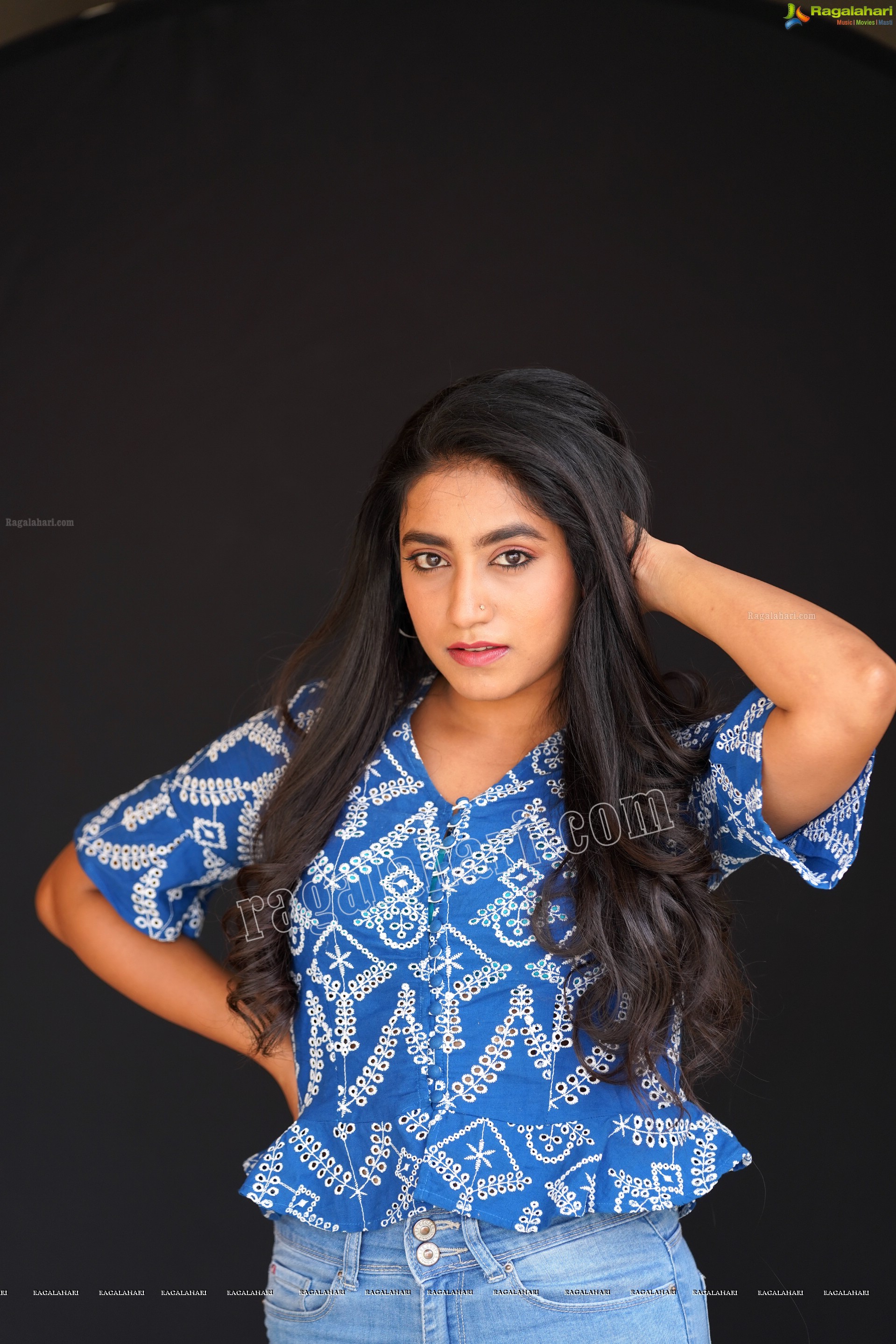 Yuktha in Blue Printed Top and Jeans, Exclusive Photoshoot