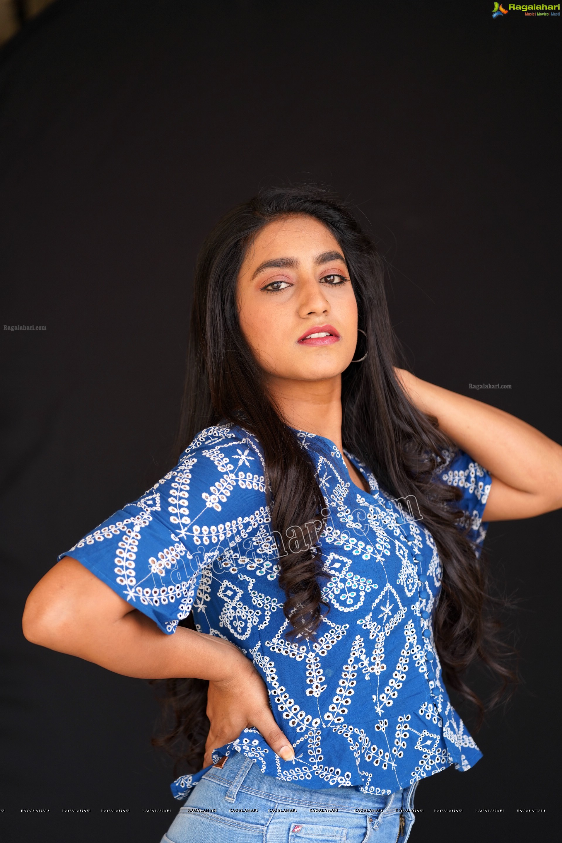 Yuktha in Blue Printed Top and Jeans, Exclusive Photoshoot