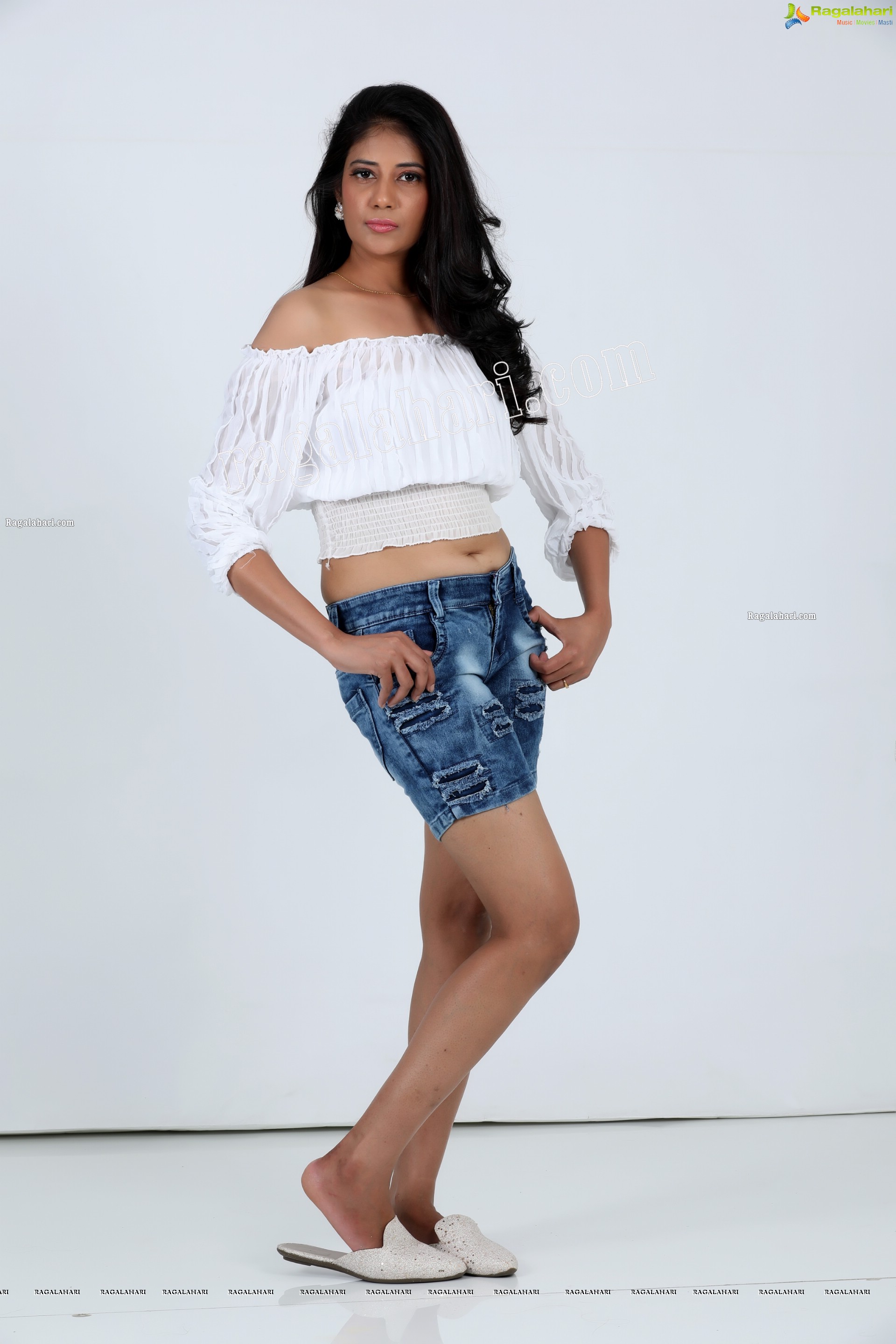 Akshaya Tammavarapu in White Crop Top and Denim Shorts Exclusive Photo Shoot