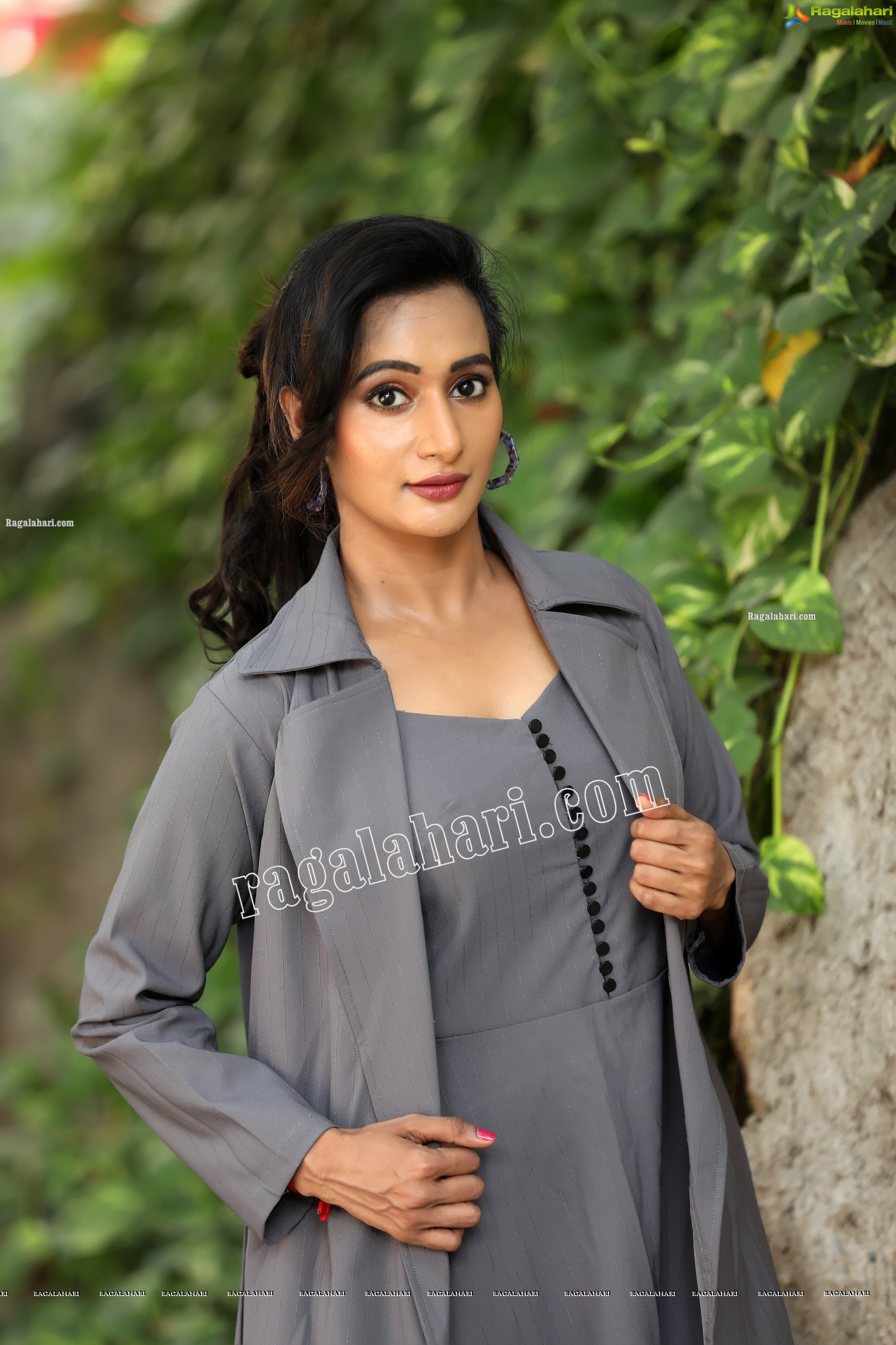 Nisheetha in Gray Notched Collar Long Coat Exclusive Photo Shoot