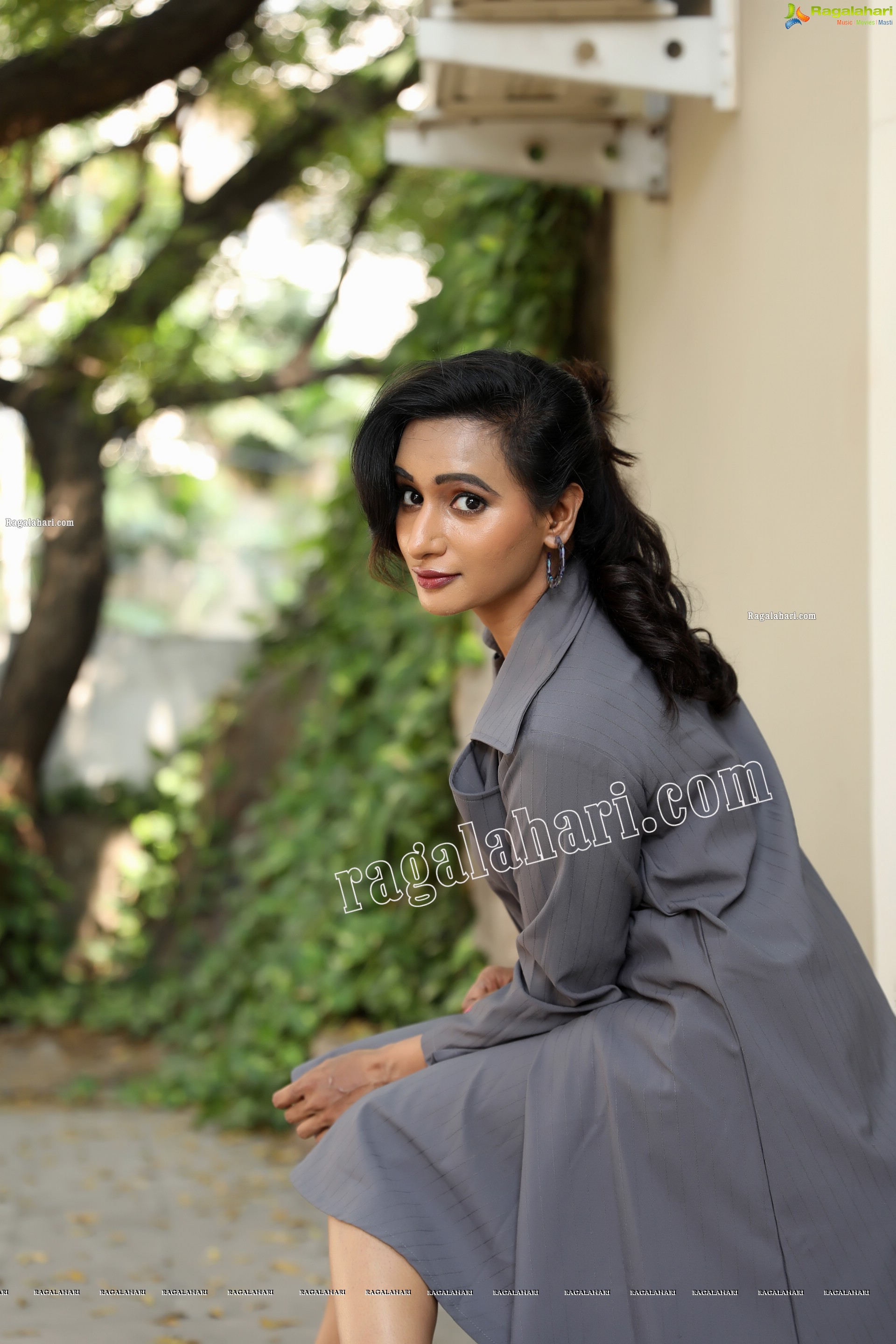 Nisheetha in Gray Notched Collar Long Coat Exclusive Photo Shoot