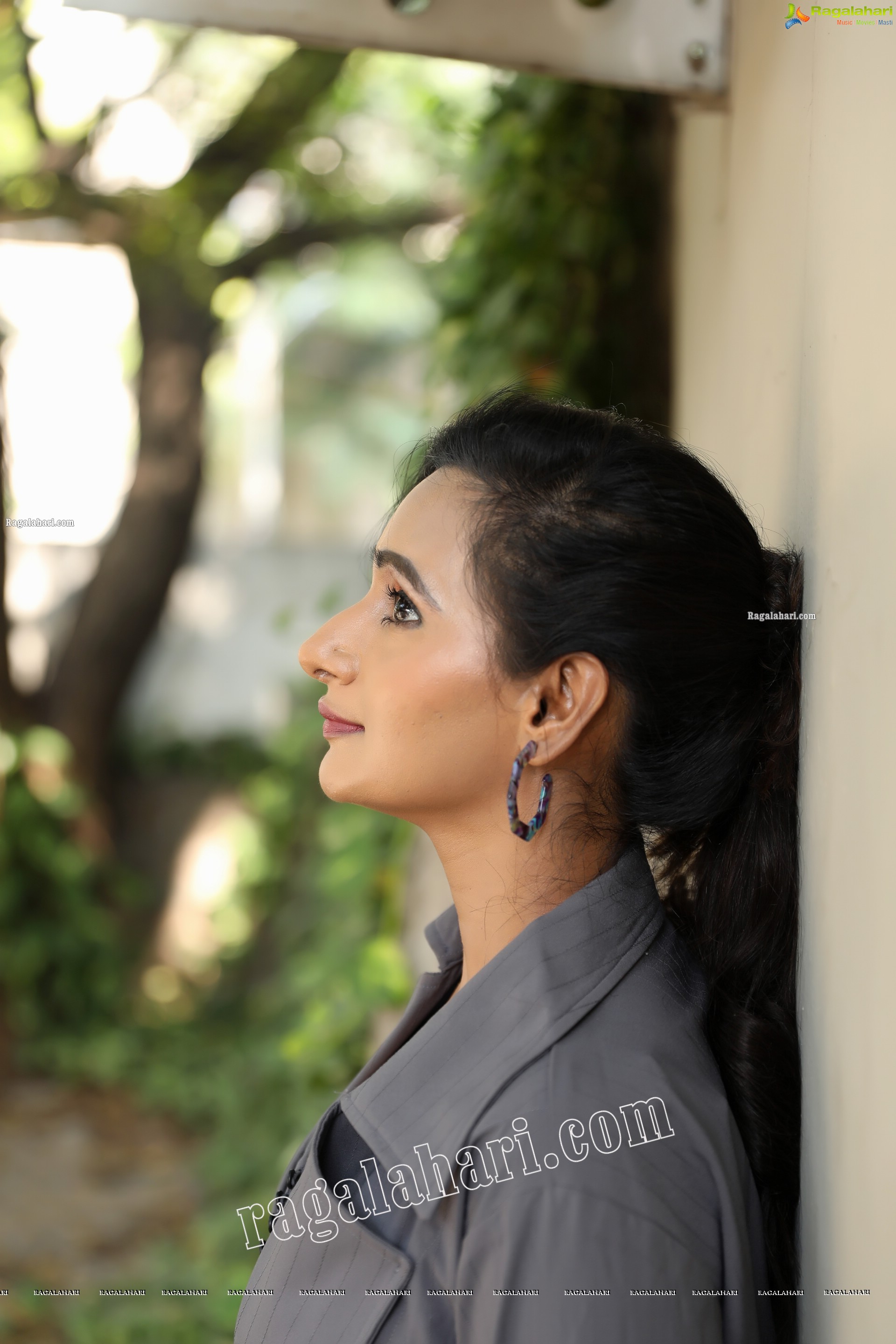 Nisheetha in Gray Notched Collar Long Coat Exclusive Photo Shoot