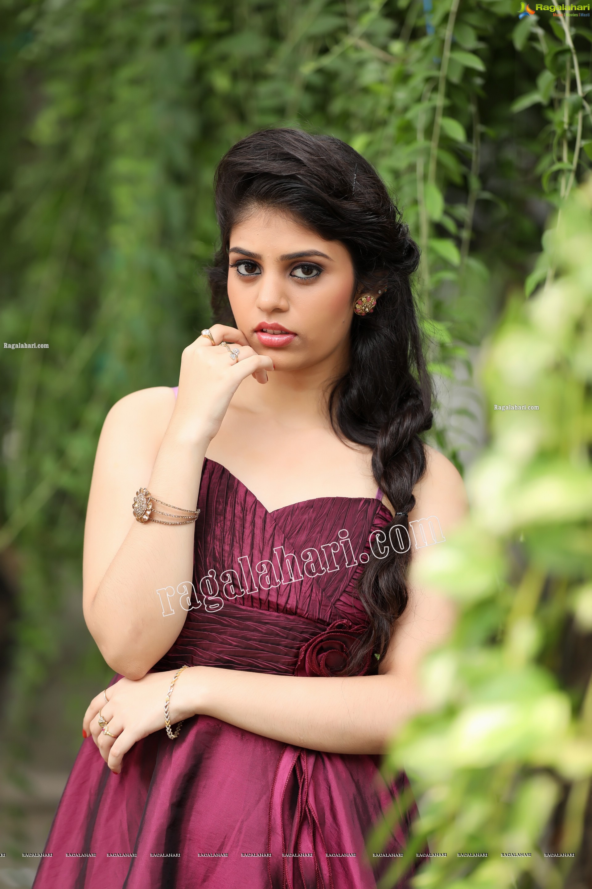 Viswa Sri Bandhavi in Burgundy Strapless Gown with Bolero Exclusive Photo Shoot