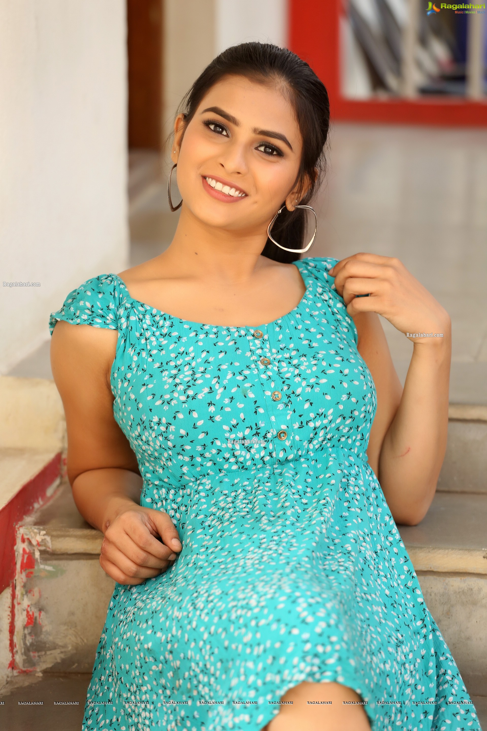 Kiya Reddy in Cyan Blue Floral Dress, HD Photo Gallery