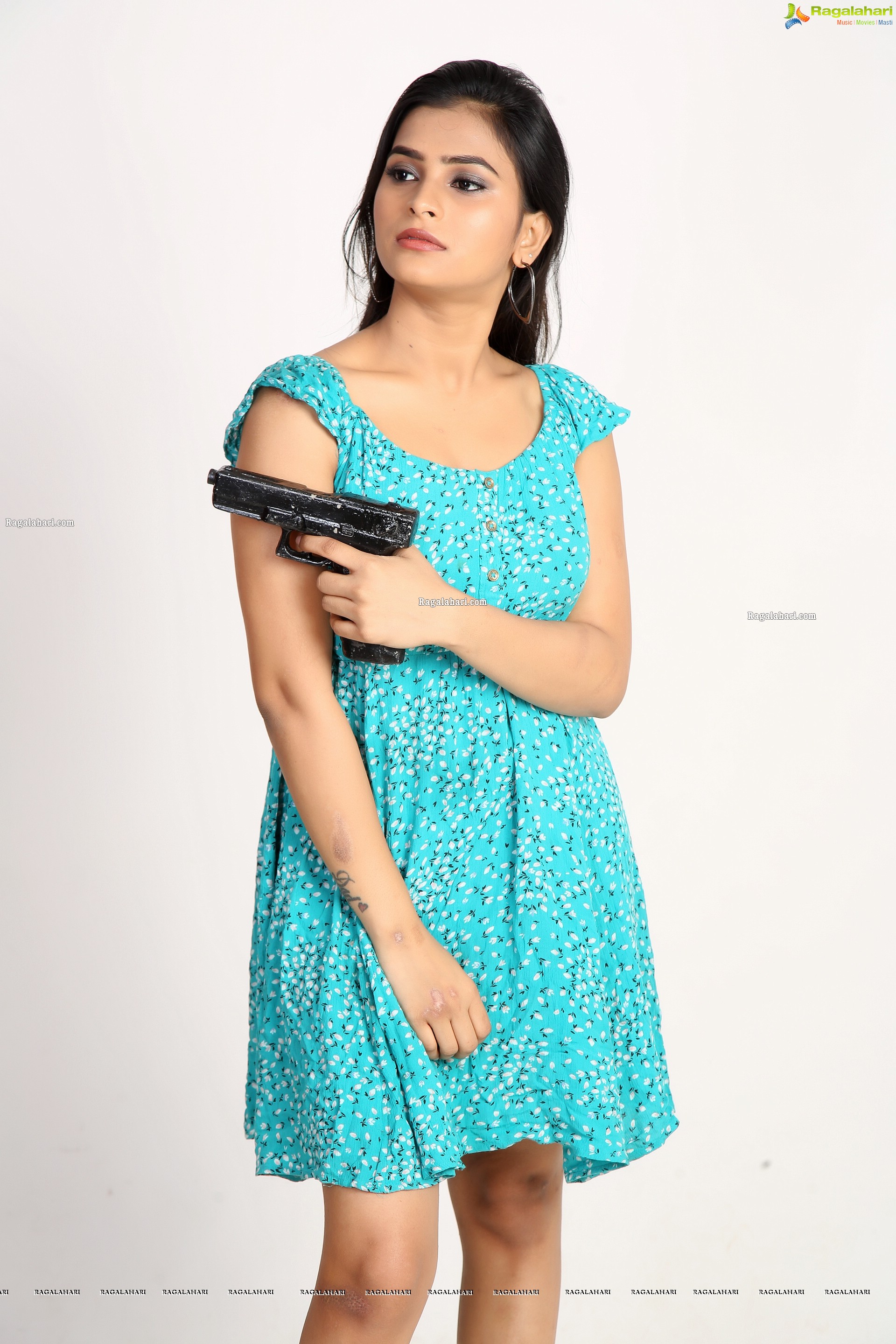 Kiya Reddy in Cyan Blue Floral Dress, HD Photo Gallery