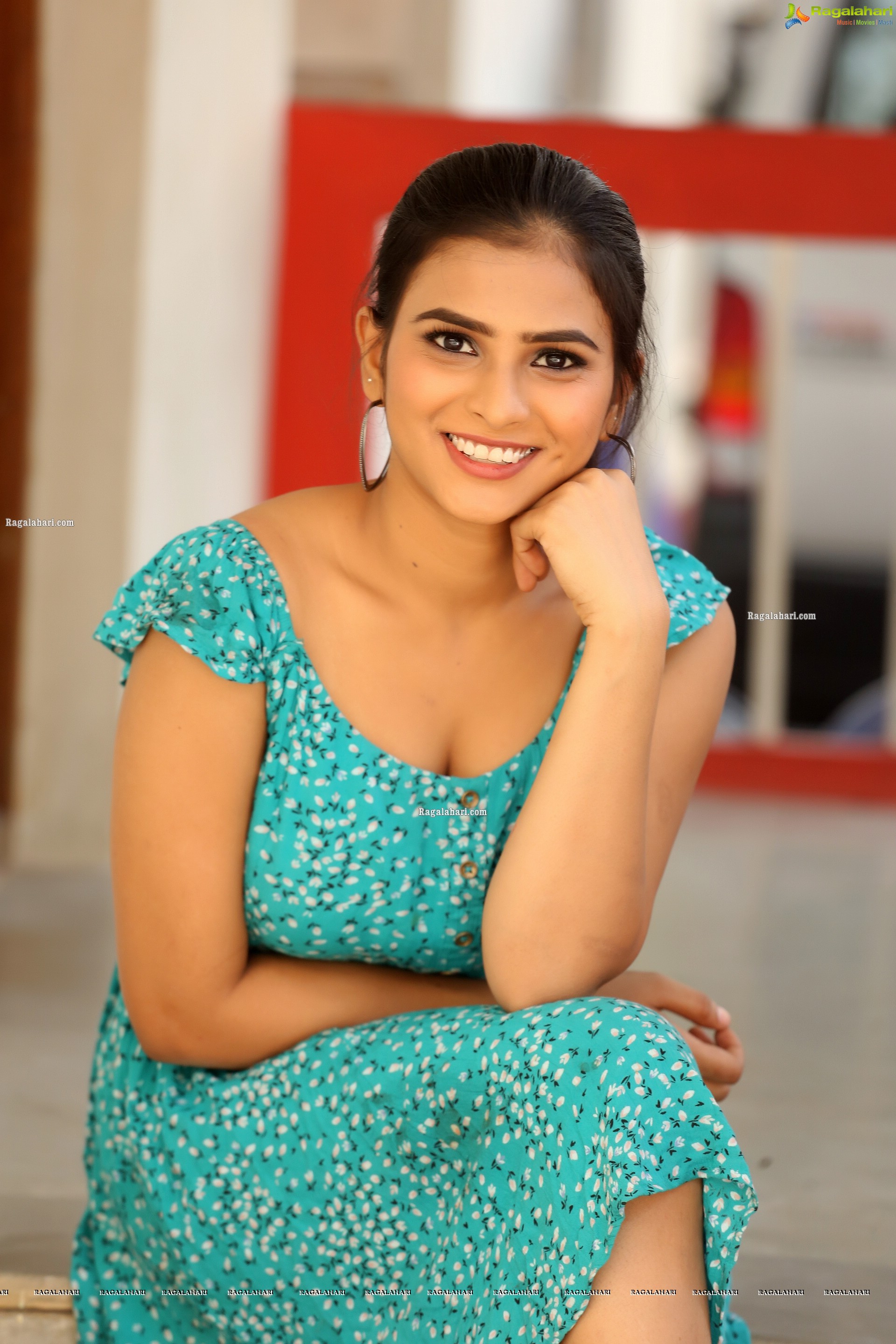 Kiya Reddy in Cyan Blue Floral Dress, HD Photo Gallery