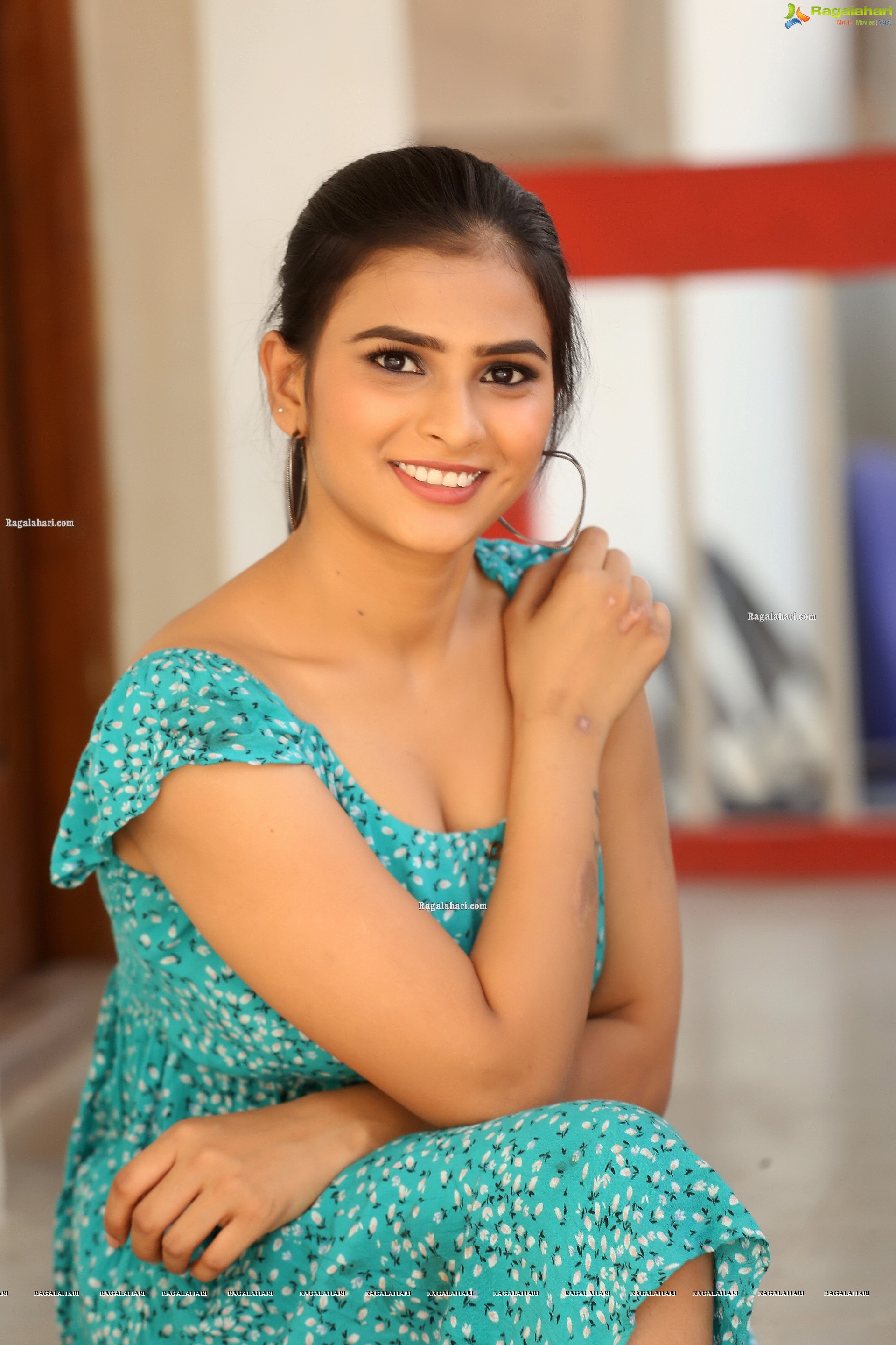 Kiya Reddy in Cyan Blue Floral Dress, HD Photo Gallery