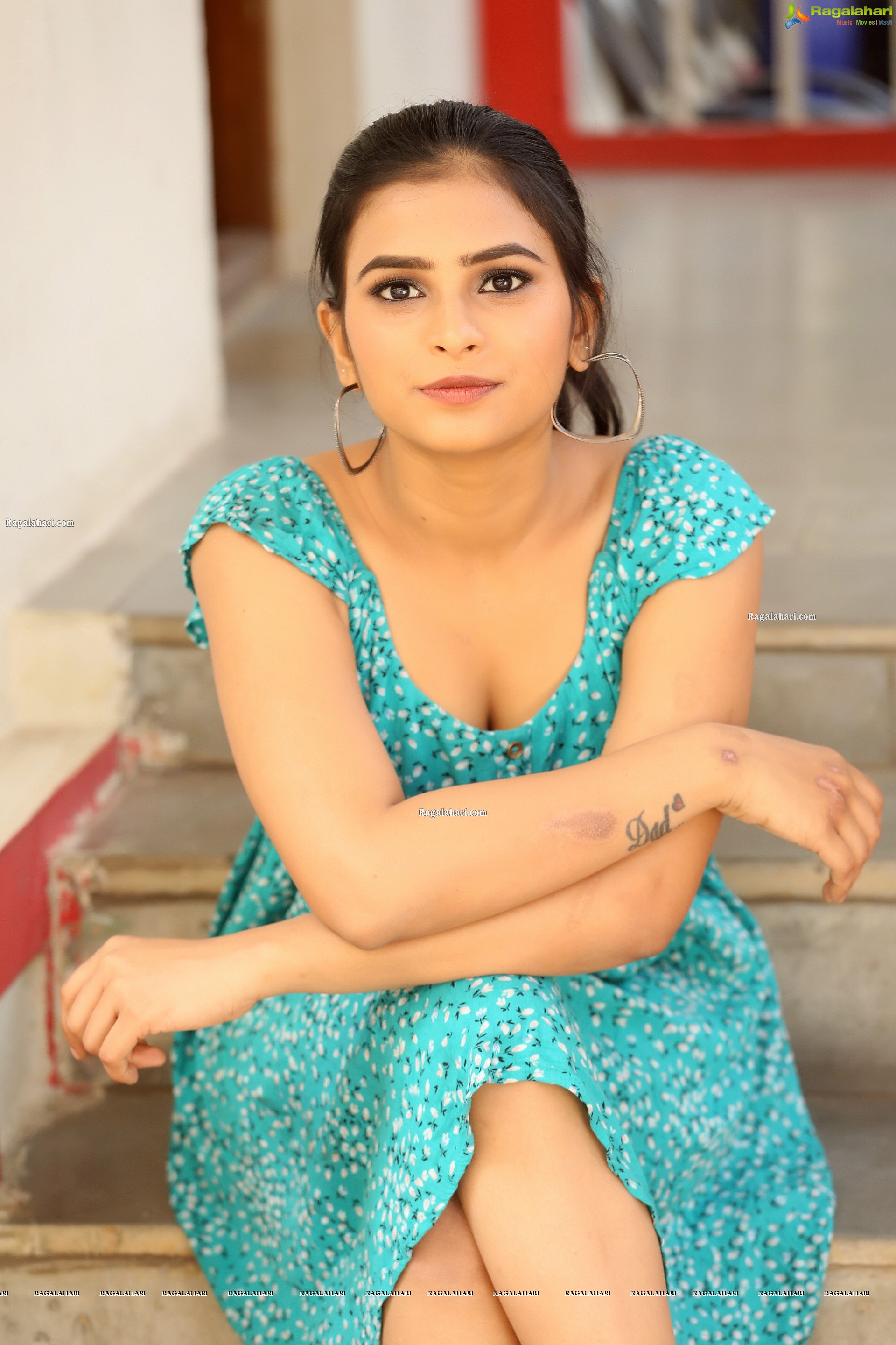 Kiya Reddy in Cyan Blue Floral Dress, HD Photo Gallery